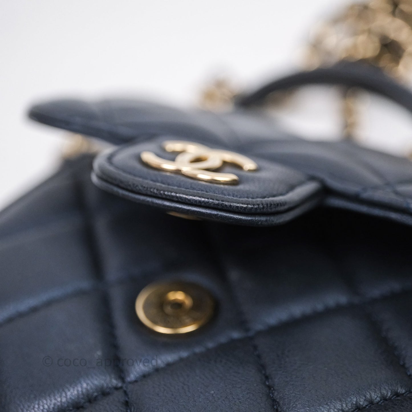 Chanel Mini Handle Clutch With Chain Iridescent Dark Navy Lambskin Gold Hardware