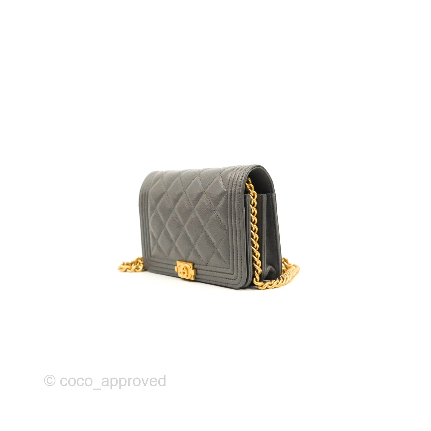 Chanel Quilted Mini WOC Wallet on Chain Boy Grey Caviar Aged Gold Hardware