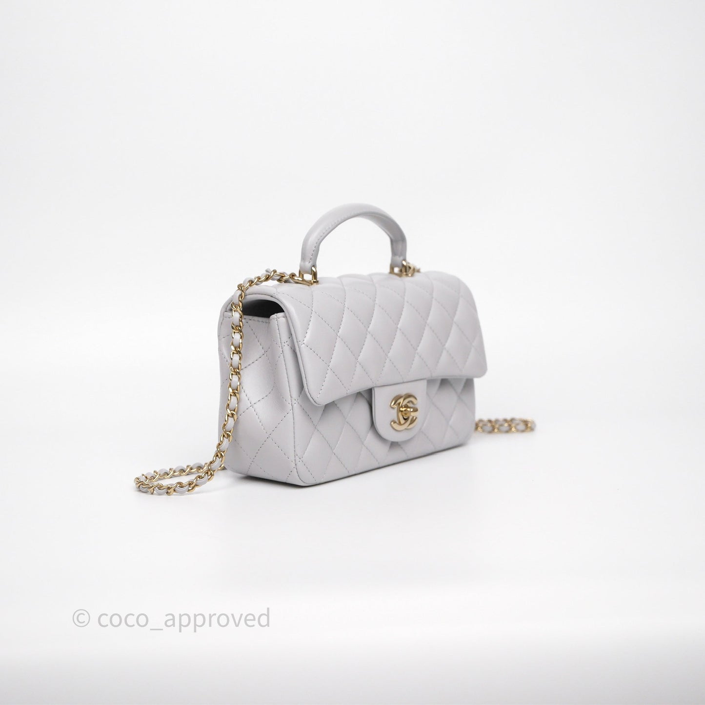 Chanel Top Handle Mini Rectangular Flap Light Grey Lambskin Gold Hardware