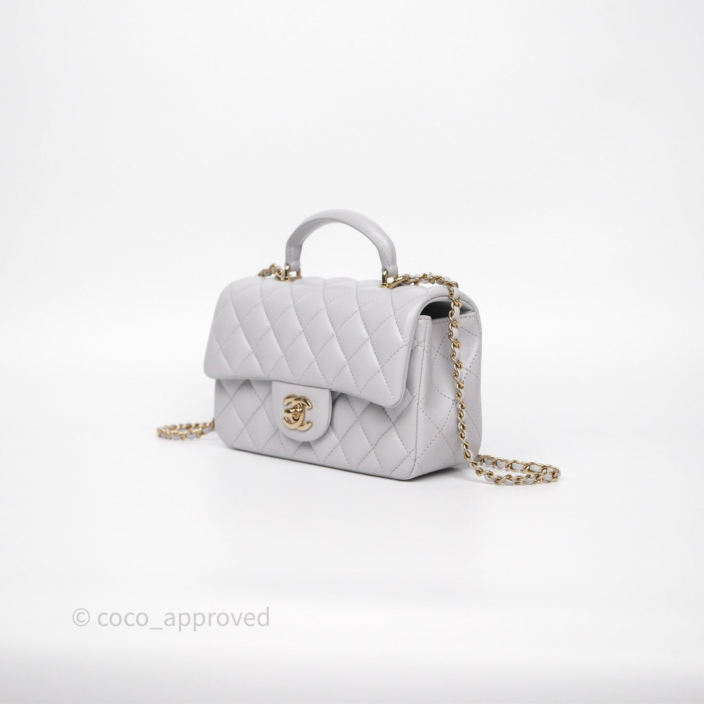 Chanel Top Handle Mini Rectangular Flap Light Grey Lambskin Gold Hardware