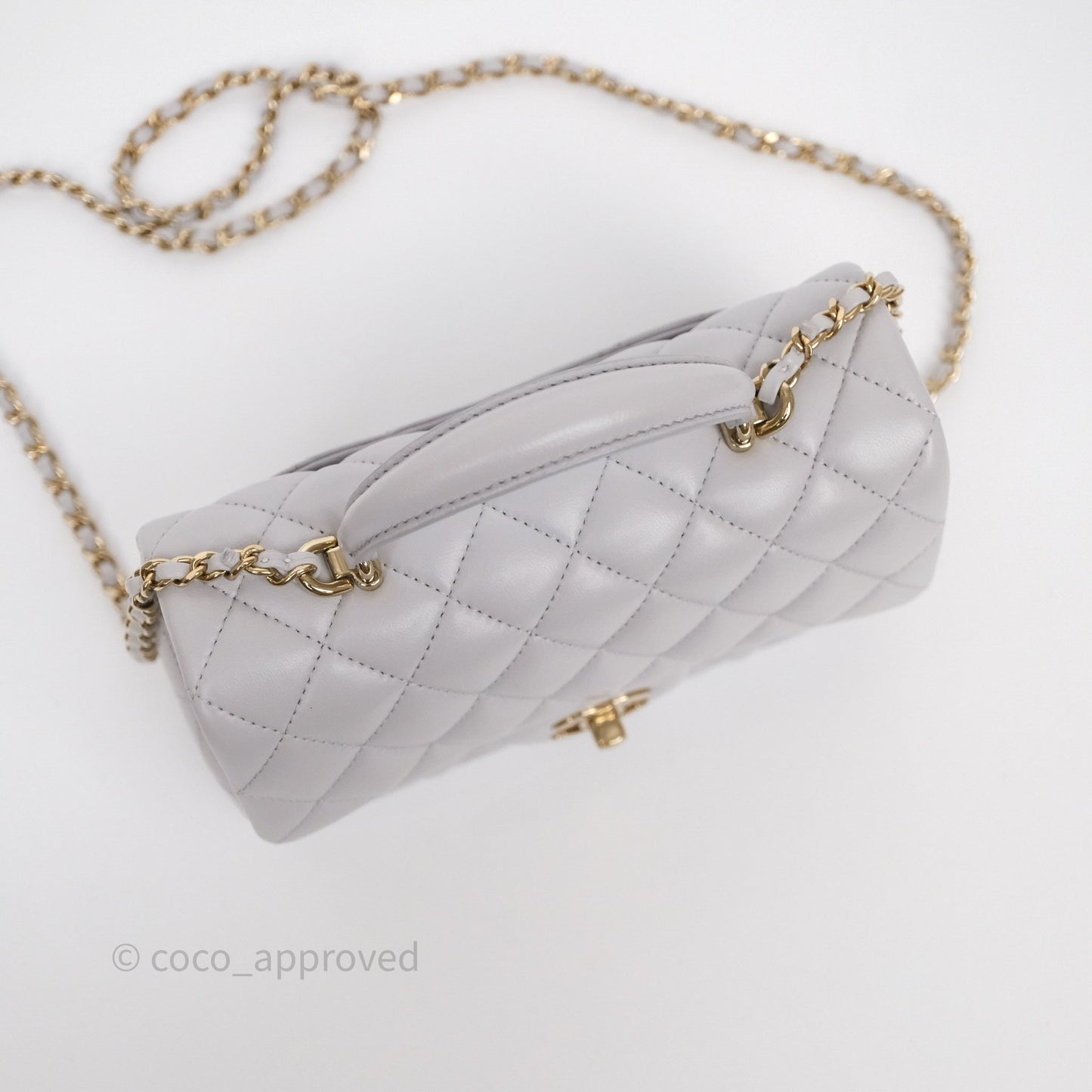Chanel Top Handle Mini Rectangular Flap Light Grey Lambskin Gold Hardware
