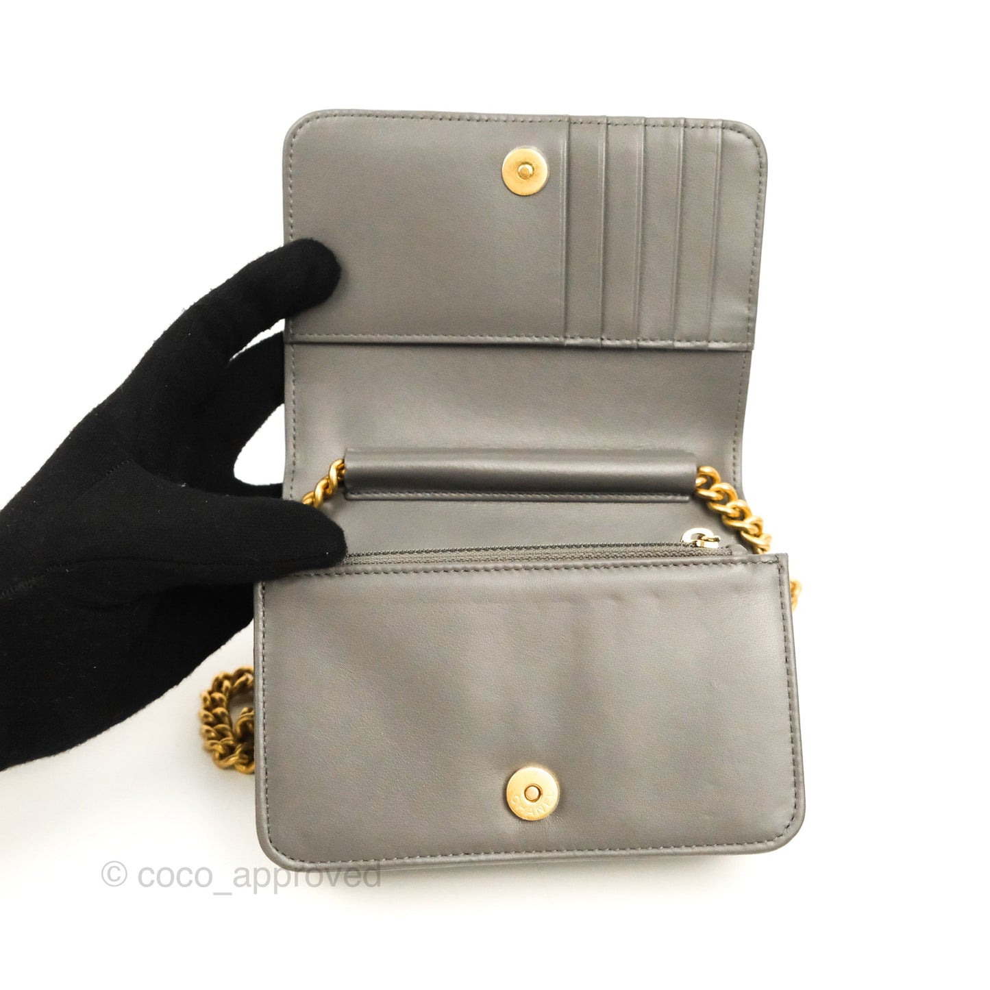 Chanel Quilted Mini WOC Wallet on Chain Boy Grey Caviar Aged Gold Hardware