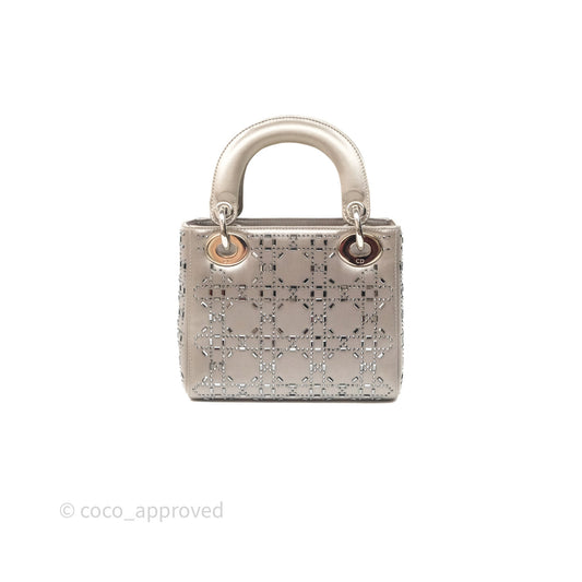 Christian Dior Mini Lady Dior Bag Grey Strass Cannage Satin Silver Hardware