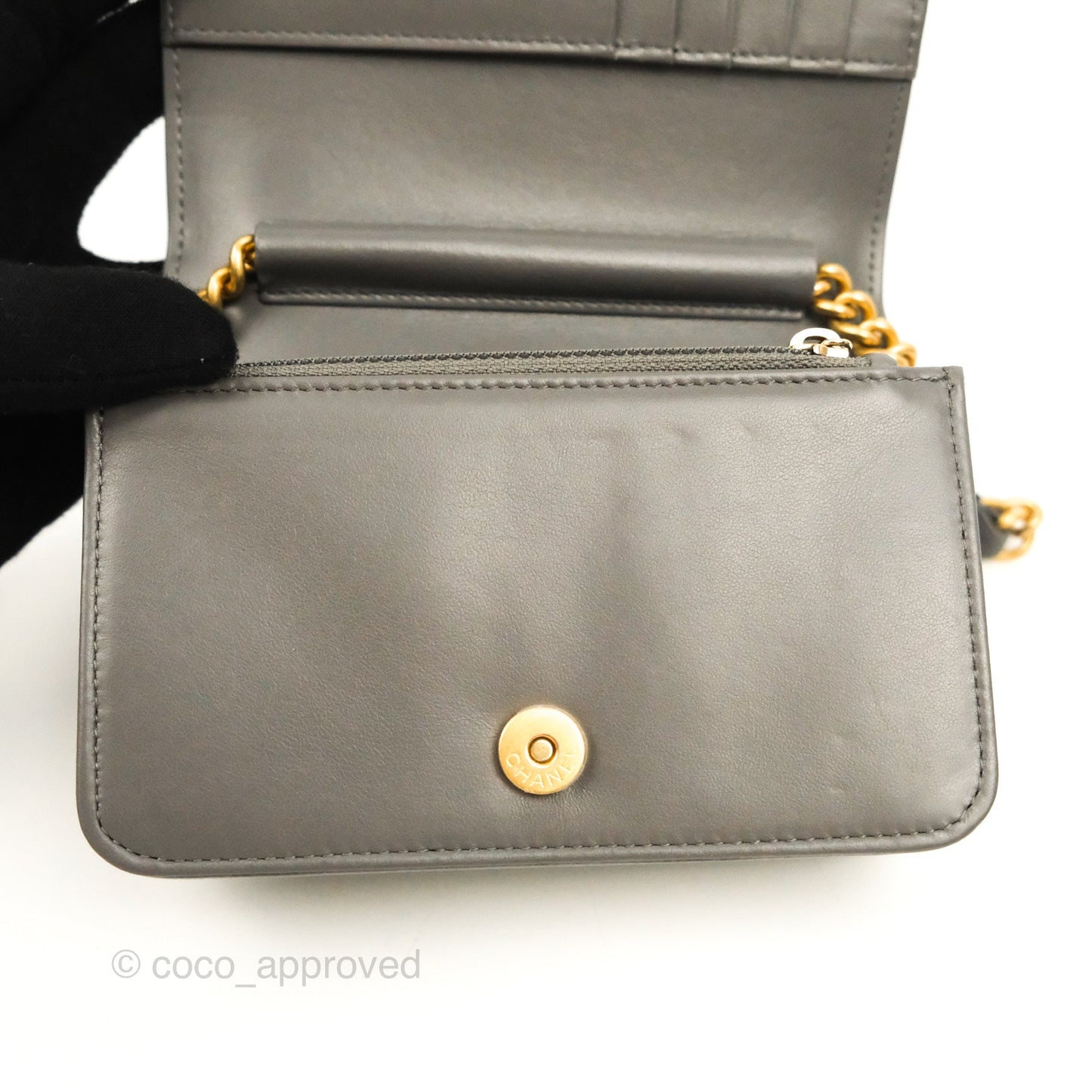 Chanel Quilted Mini WOC Wallet on Chain Boy Grey Caviar Aged Gold Hardware