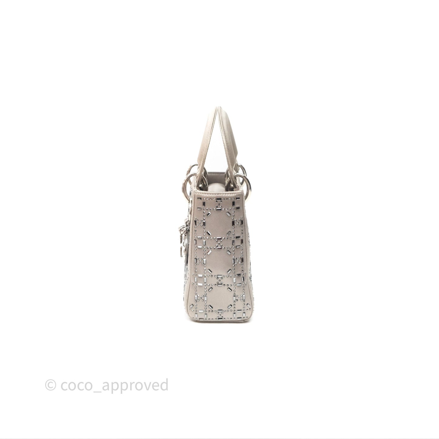 Christian Dior Mini Lady Dior Bag Grey Strass Cannage Satin Silver Hardware