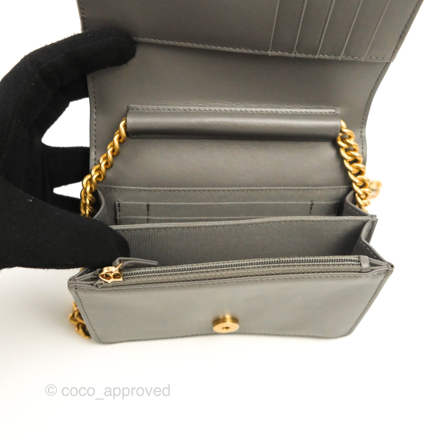 Chanel Quilted Mini WOC Wallet on Chain Boy Grey Caviar Aged Gold Hardware