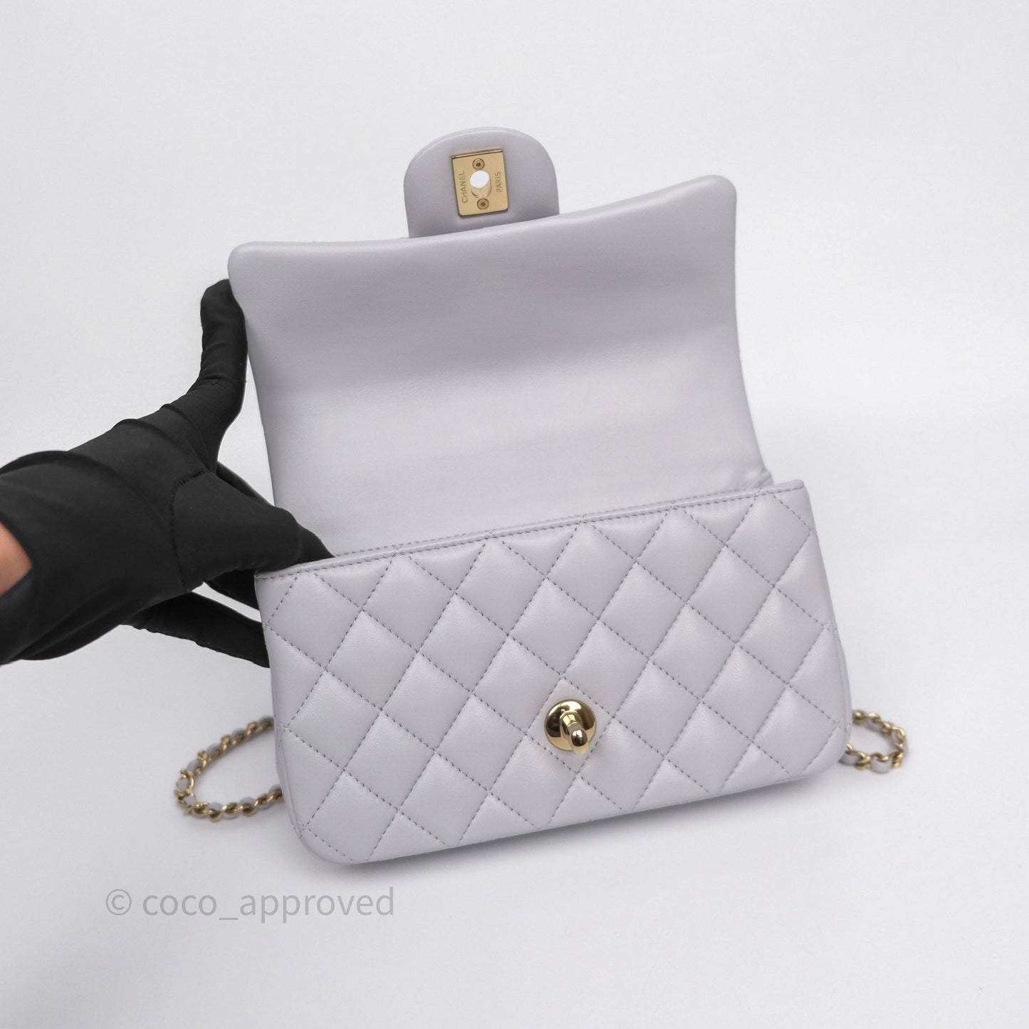 Chanel Top Handle Mini Rectangular Flap Light Grey Lambskin Gold Hardware