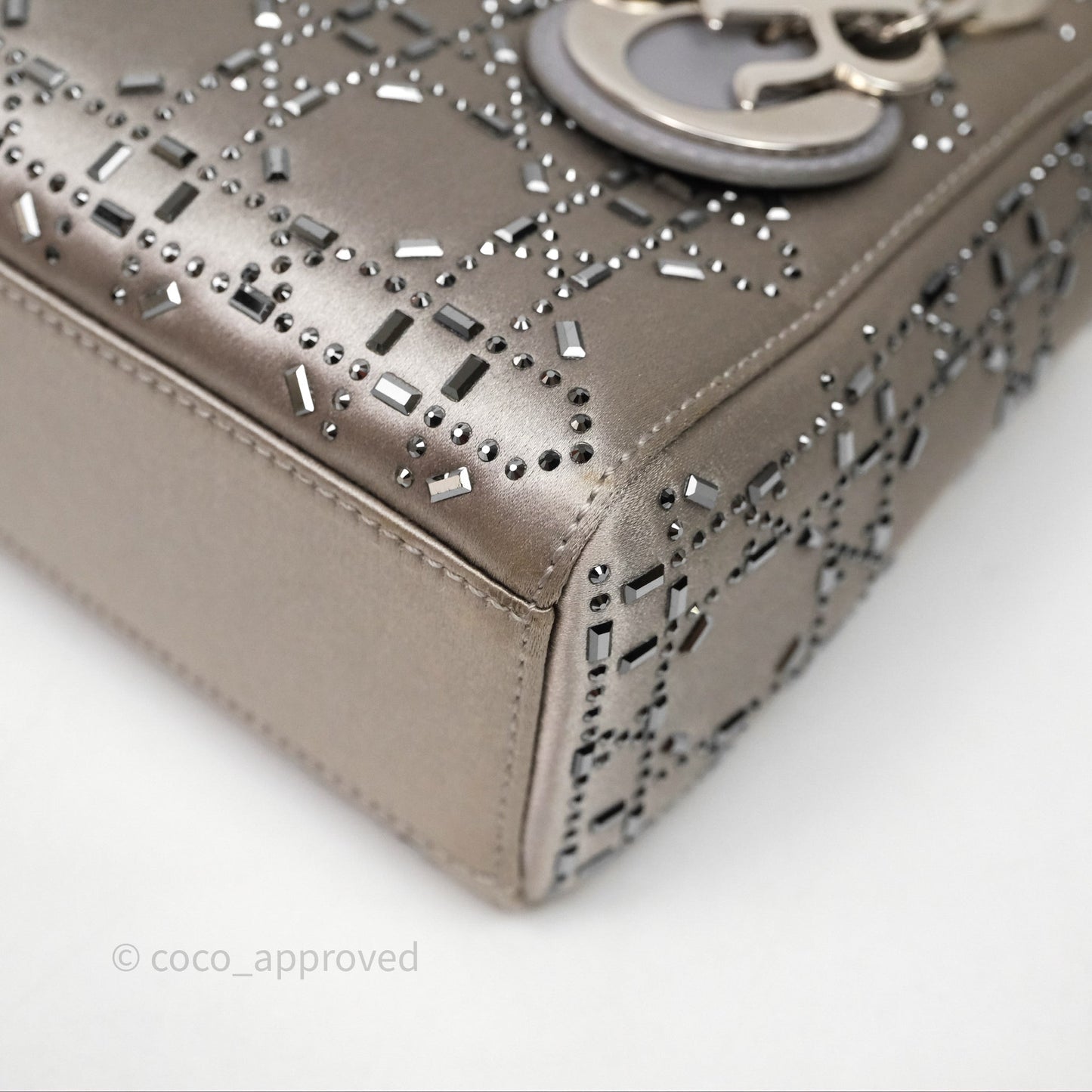 Christian Dior Mini Lady Dior Bag Grey Strass Cannage Satin Silver Hardware