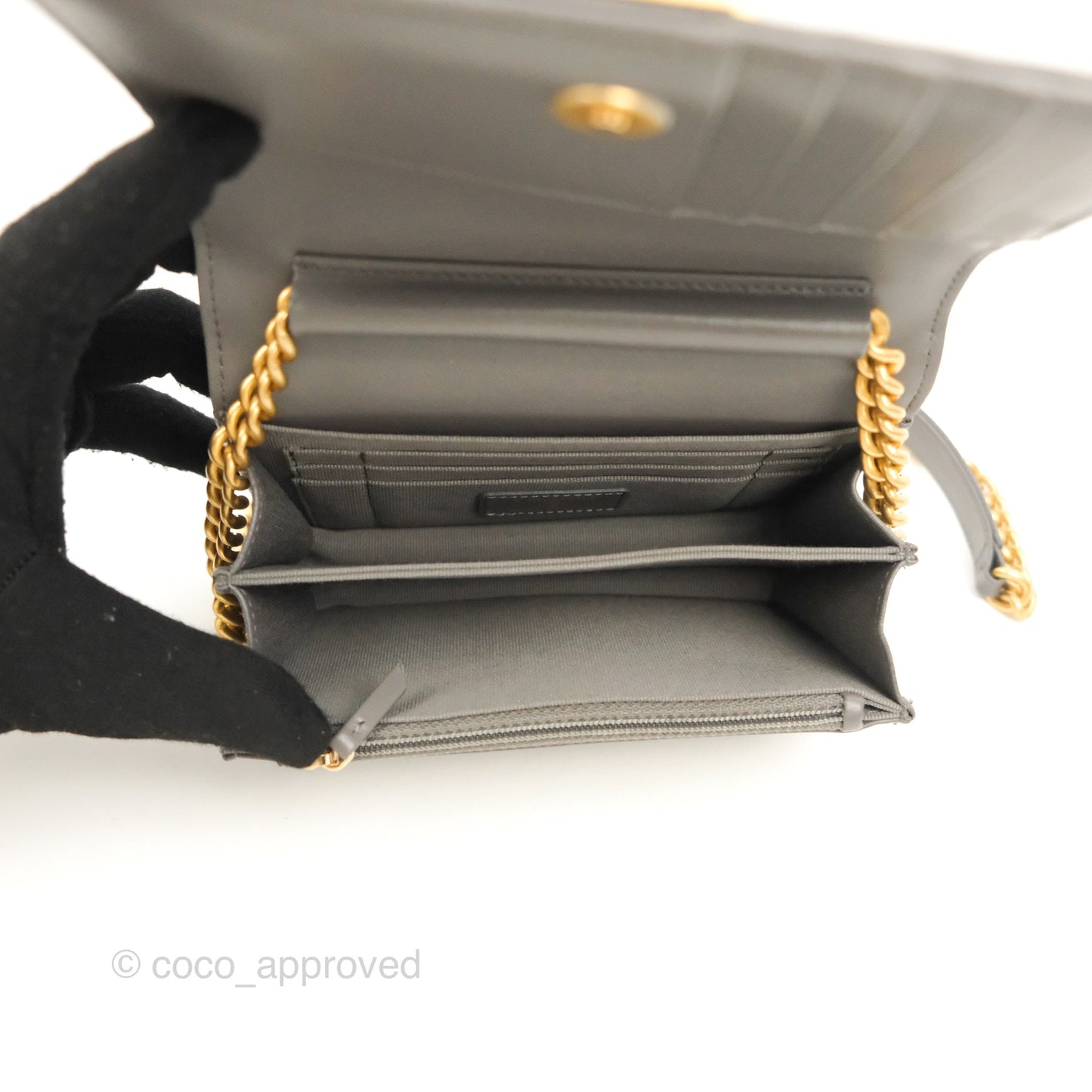 Chanel Quilted Mini WOC Wallet on Chain Boy Grey Caviar Aged Gold Hardware