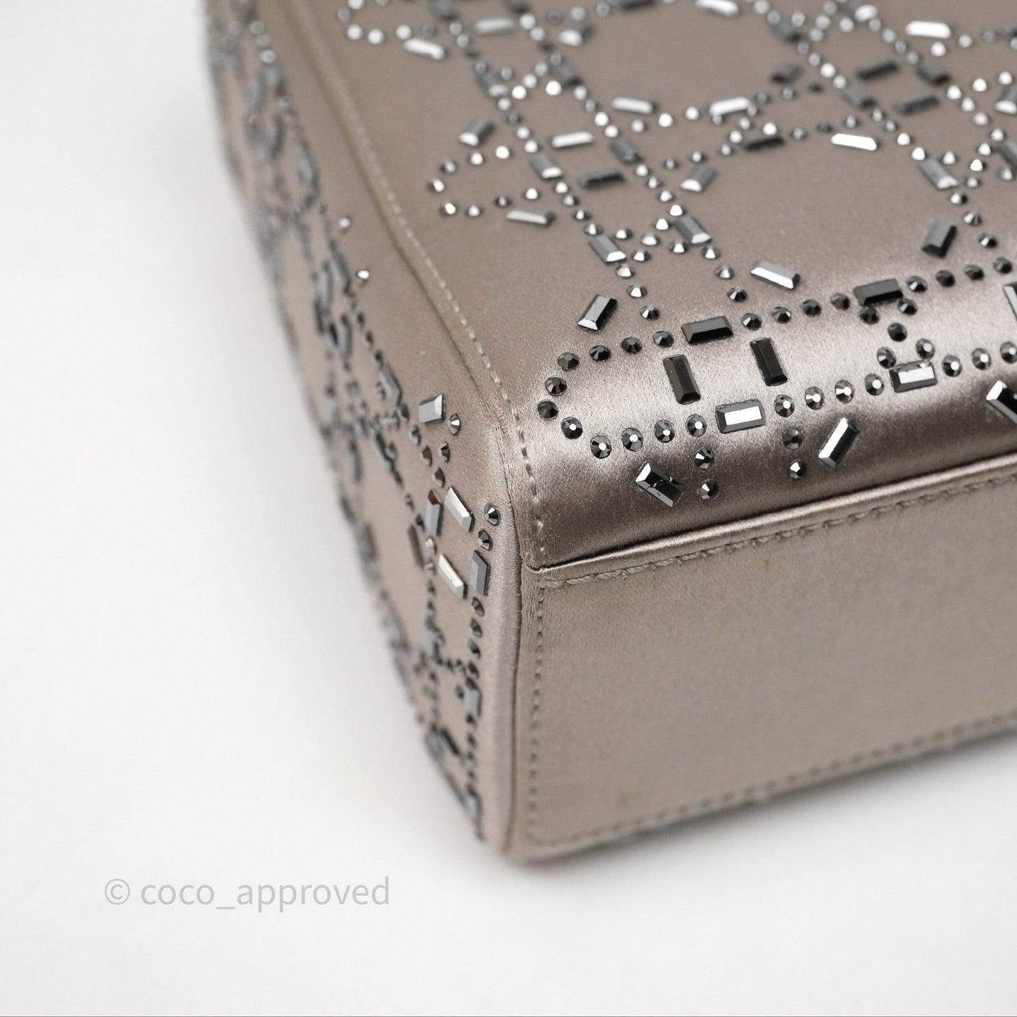 Christian Dior Mini Lady Dior Bag Grey Strass Cannage Satin Silver Hardware