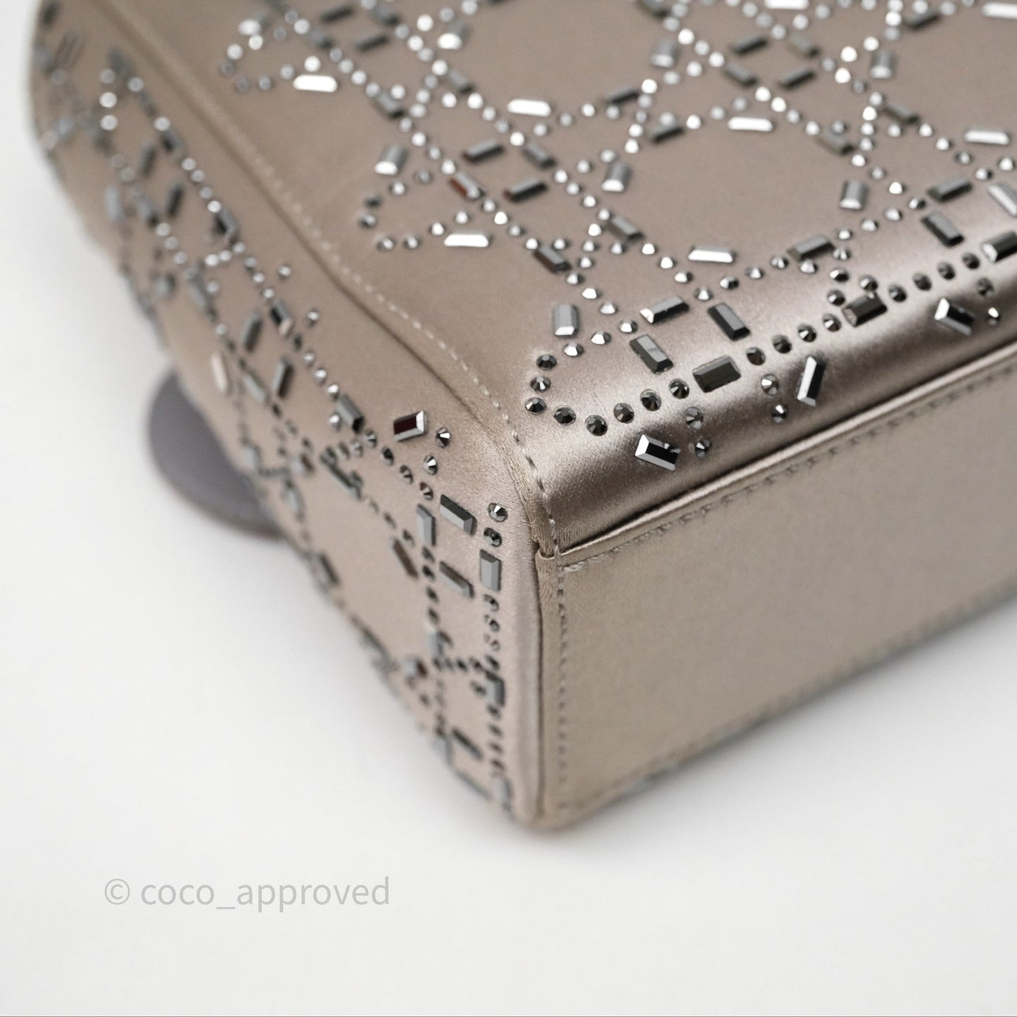 Christian Dior Mini Lady Dior Bag Grey Strass Cannage Satin Silver Hardware