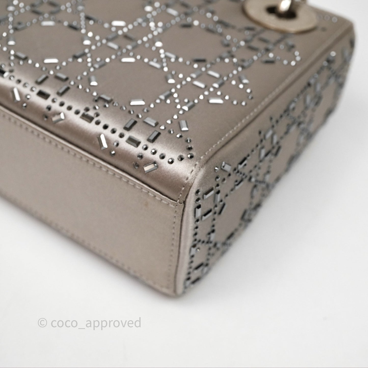 Christian Dior Mini Lady Dior Bag Grey Strass Cannage Satin Silver Hardware