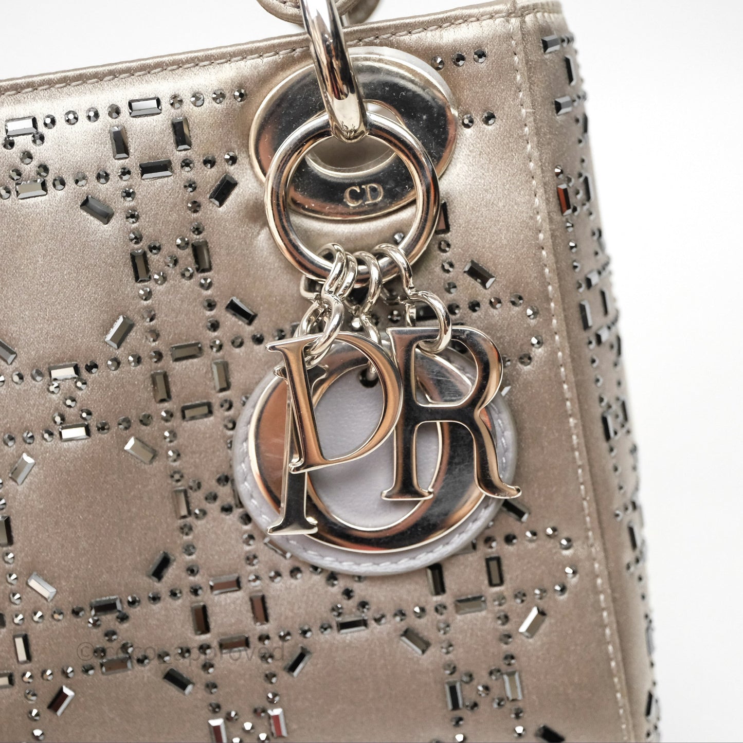 Christian Dior Mini Lady Dior Bag Grey Strass Cannage Satin Silver Hardware
