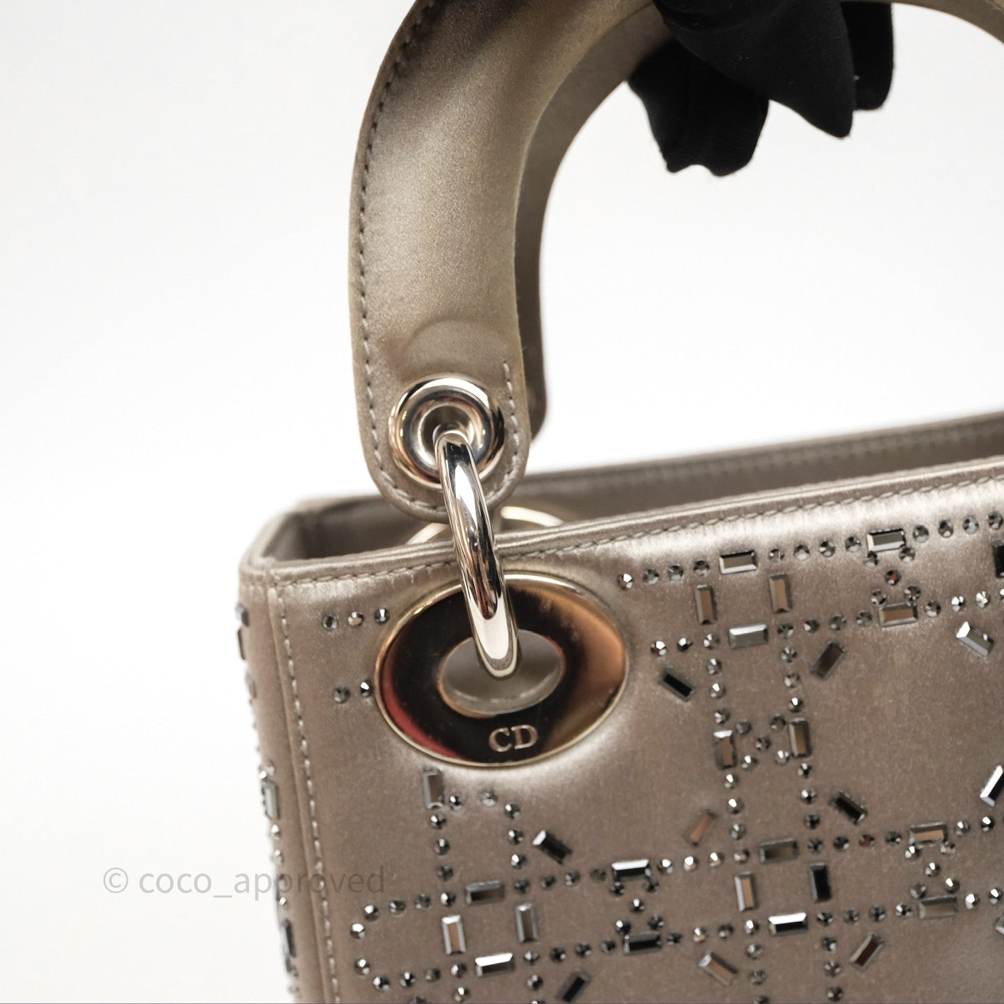 Christian Dior Mini Lady Dior Bag Grey Strass Cannage Satin Silver Hardware