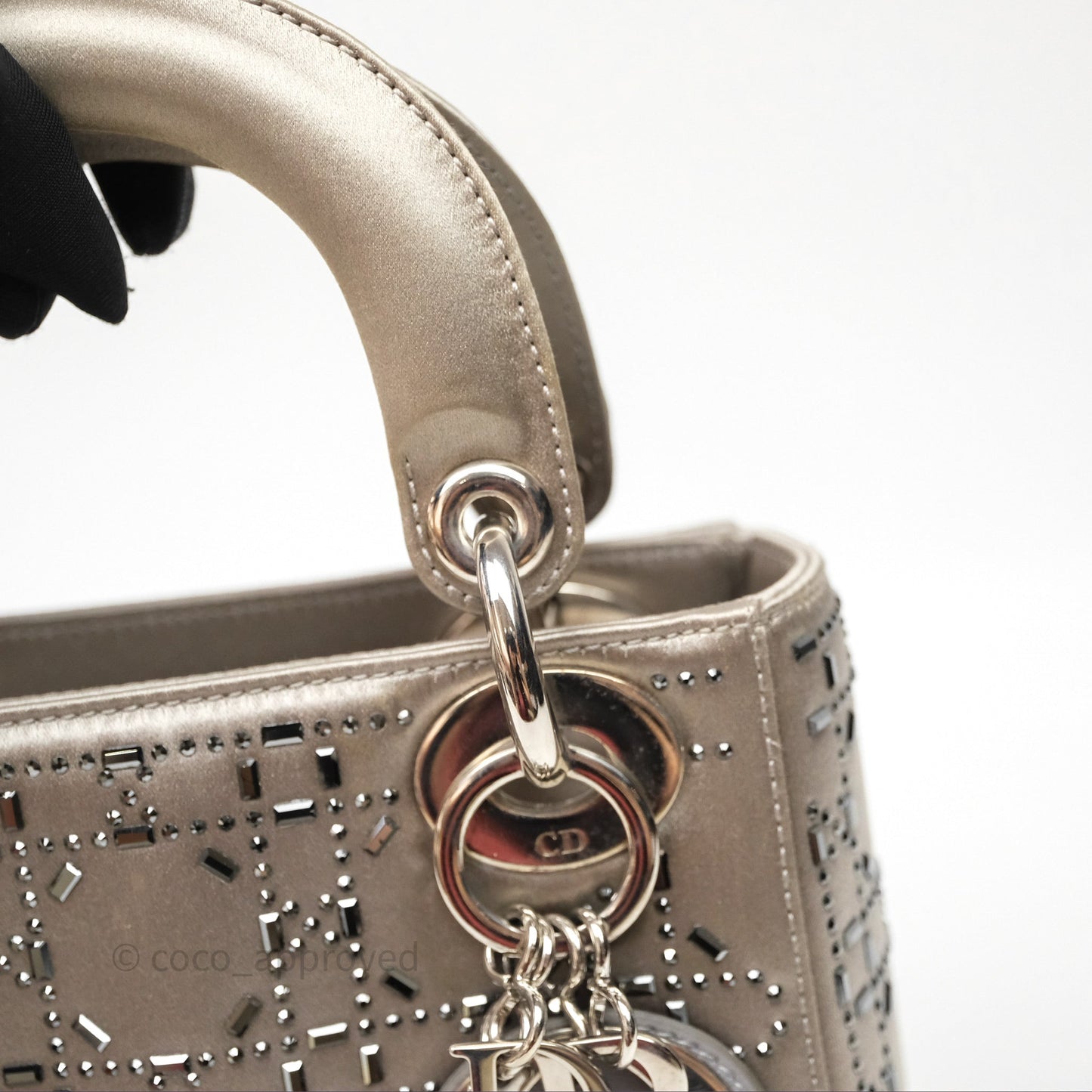 Christian Dior Mini Lady Dior Bag Grey Strass Cannage Satin Silver Hardware