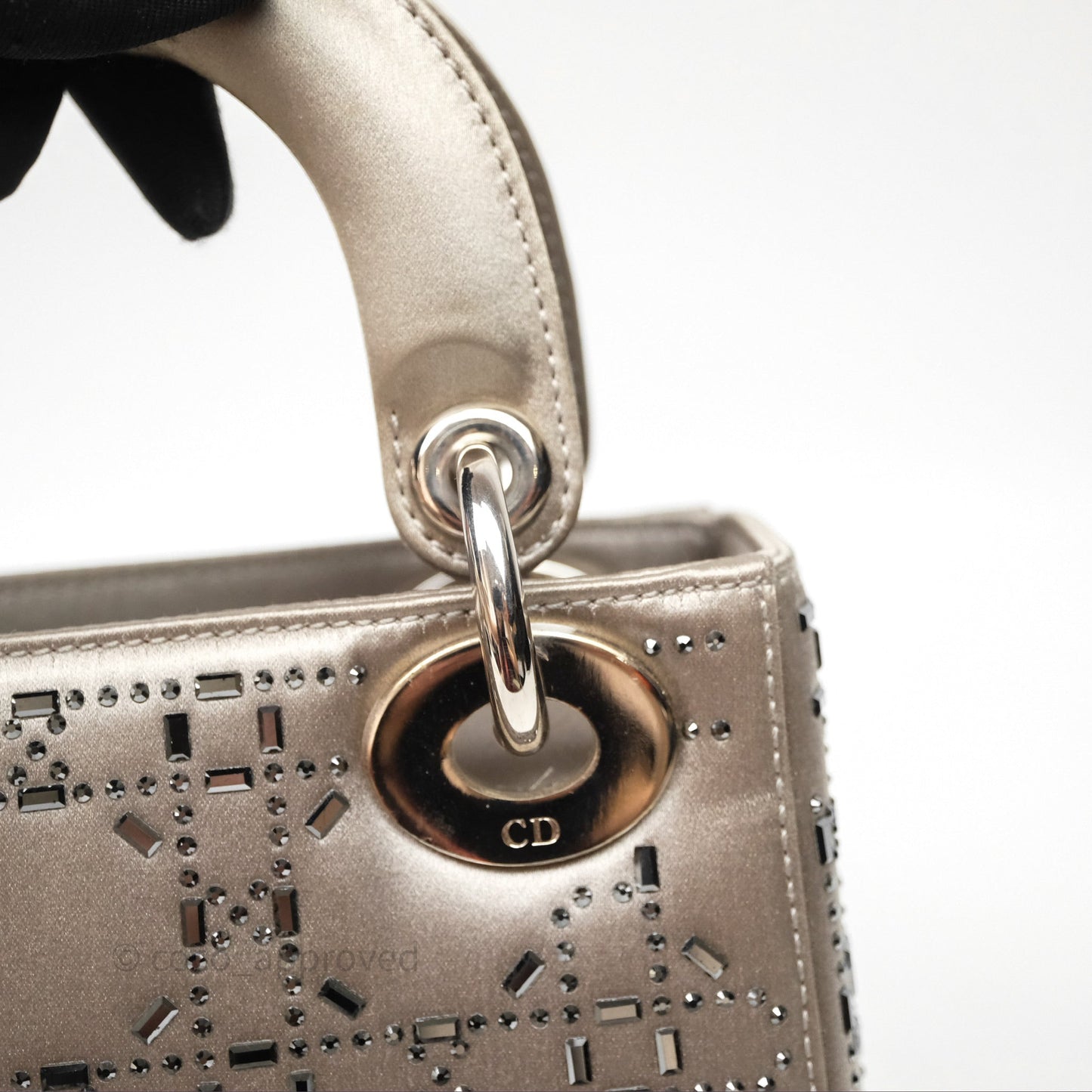 Christian Dior Mini Lady Dior Bag Grey Strass Cannage Satin Silver Hardware