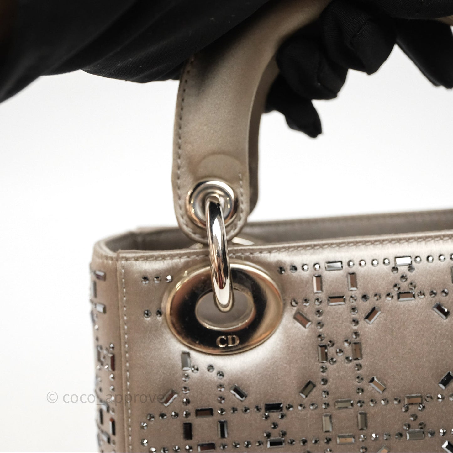 Christian Dior Mini Lady Dior Bag Grey Strass Cannage Satin Silver Hardware