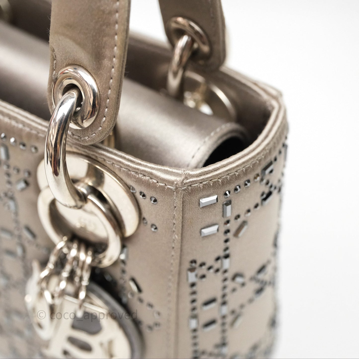 Christian Dior Mini Lady Dior Bag Grey Strass Cannage Satin Silver Hardware
