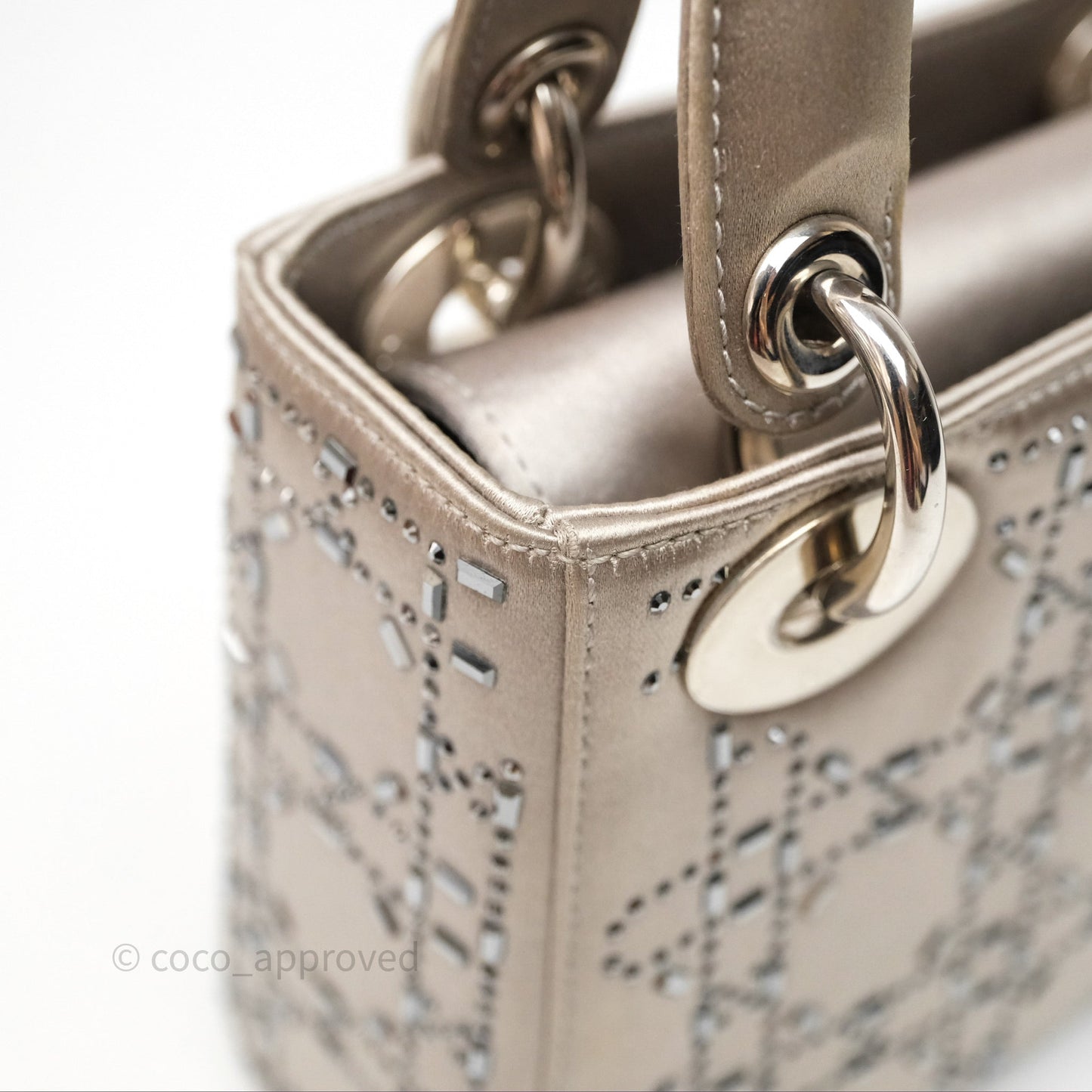 Christian Dior Mini Lady Dior Bag Grey Strass Cannage Satin Silver Hardware