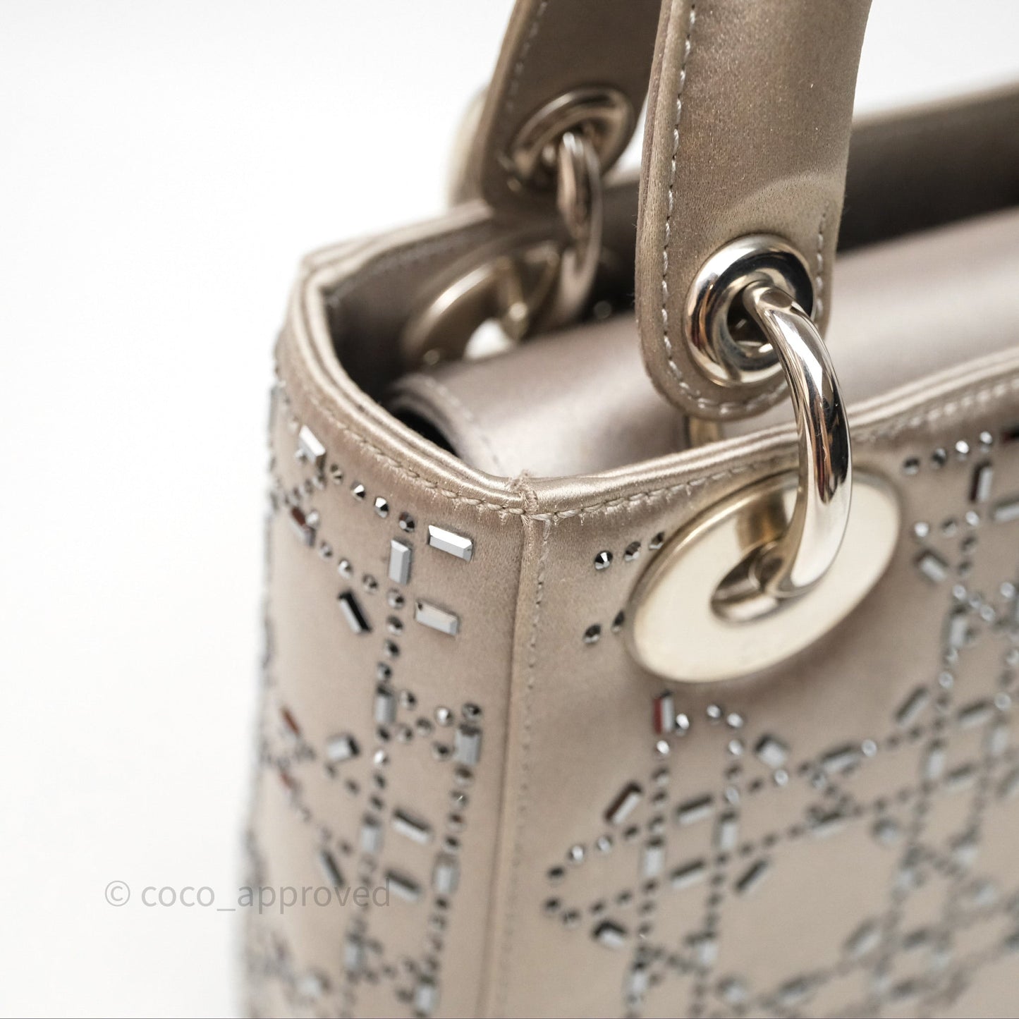 Christian Dior Mini Lady Dior Bag Grey Strass Cannage Satin Silver Hardware