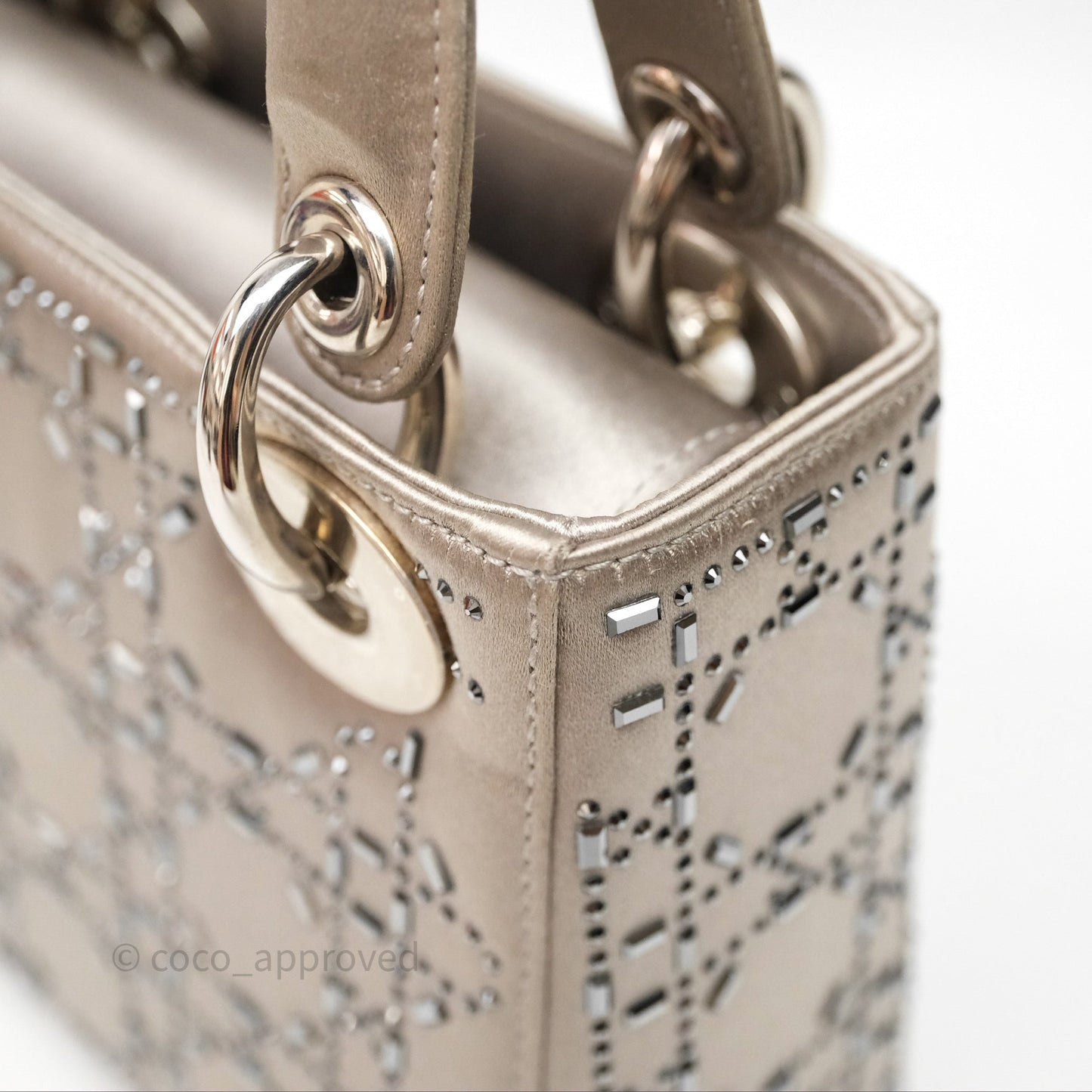 Christian Dior Mini Lady Dior Bag Grey Strass Cannage Satin Silver Hardware
