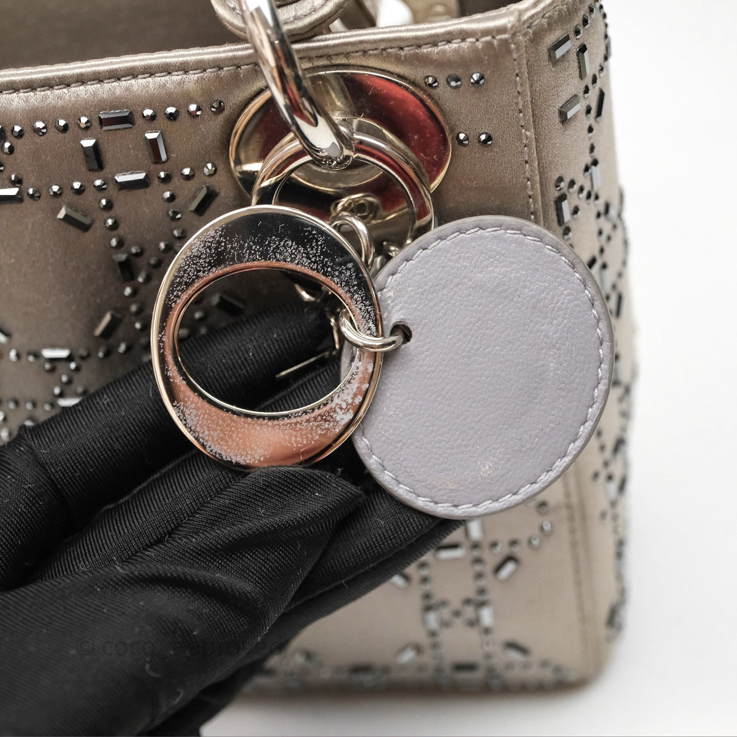 Christian Dior Mini Lady Dior Bag Grey Strass Cannage Satin Silver Hardware