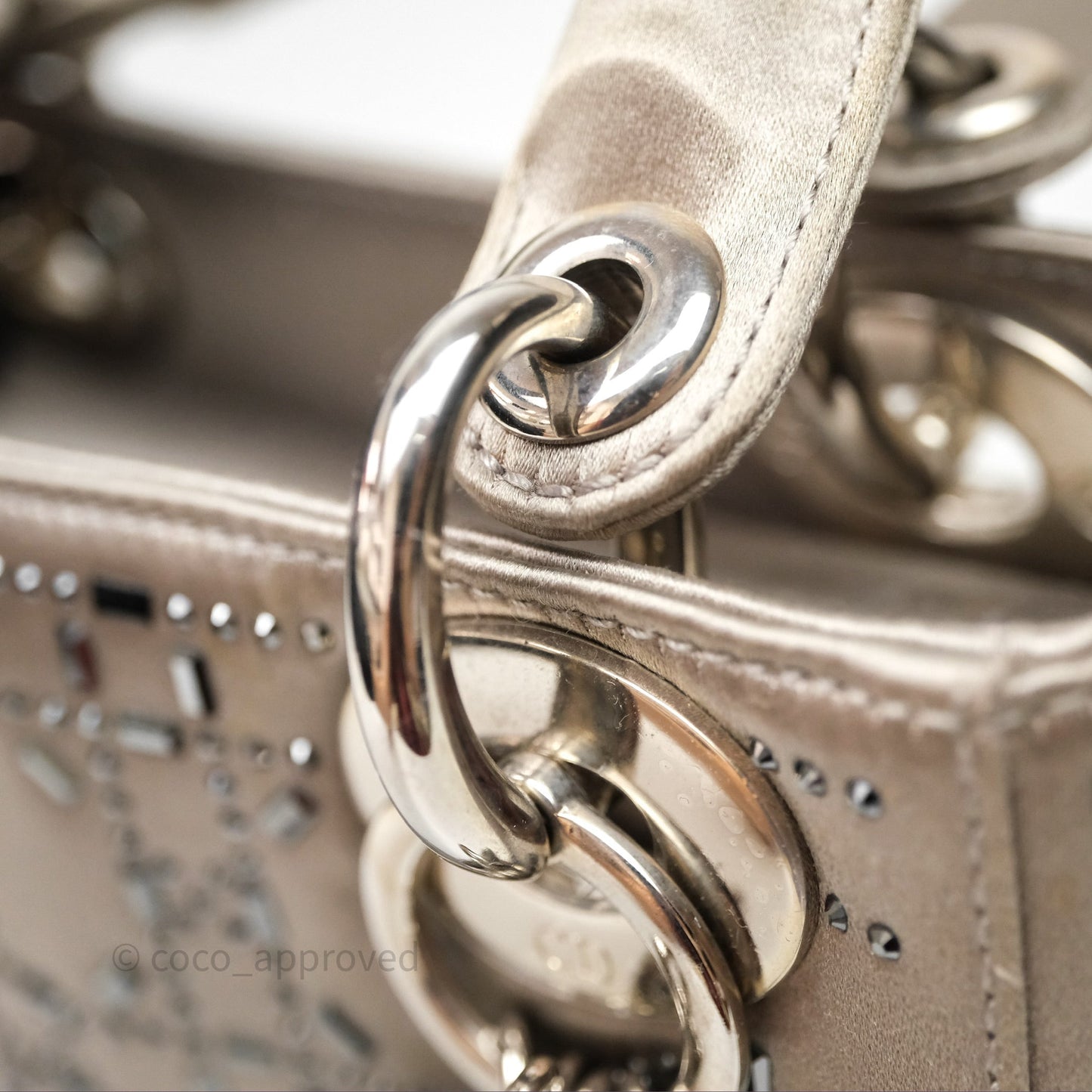 Christian Dior Mini Lady Dior Bag Grey Strass Cannage Satin Silver Hardware