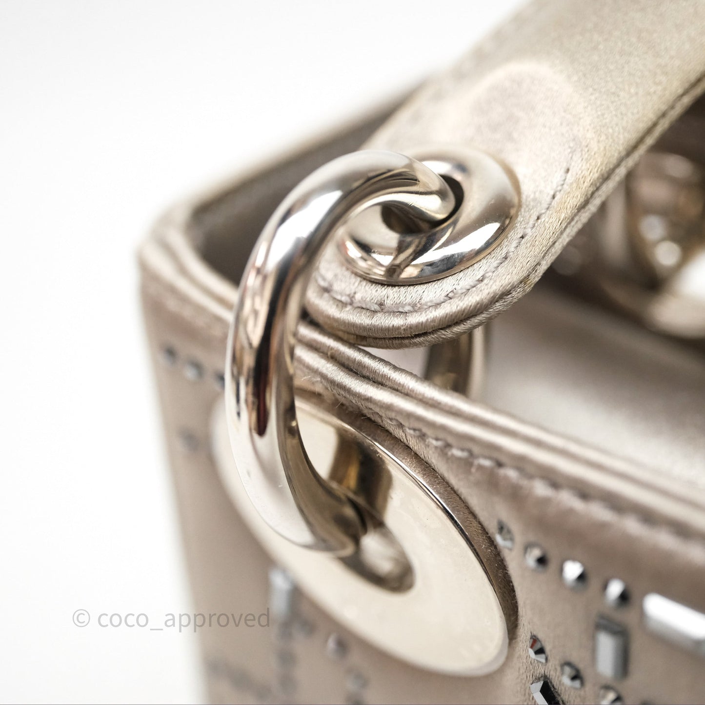 Christian Dior Mini Lady Dior Bag Grey Strass Cannage Satin Silver Hardware
