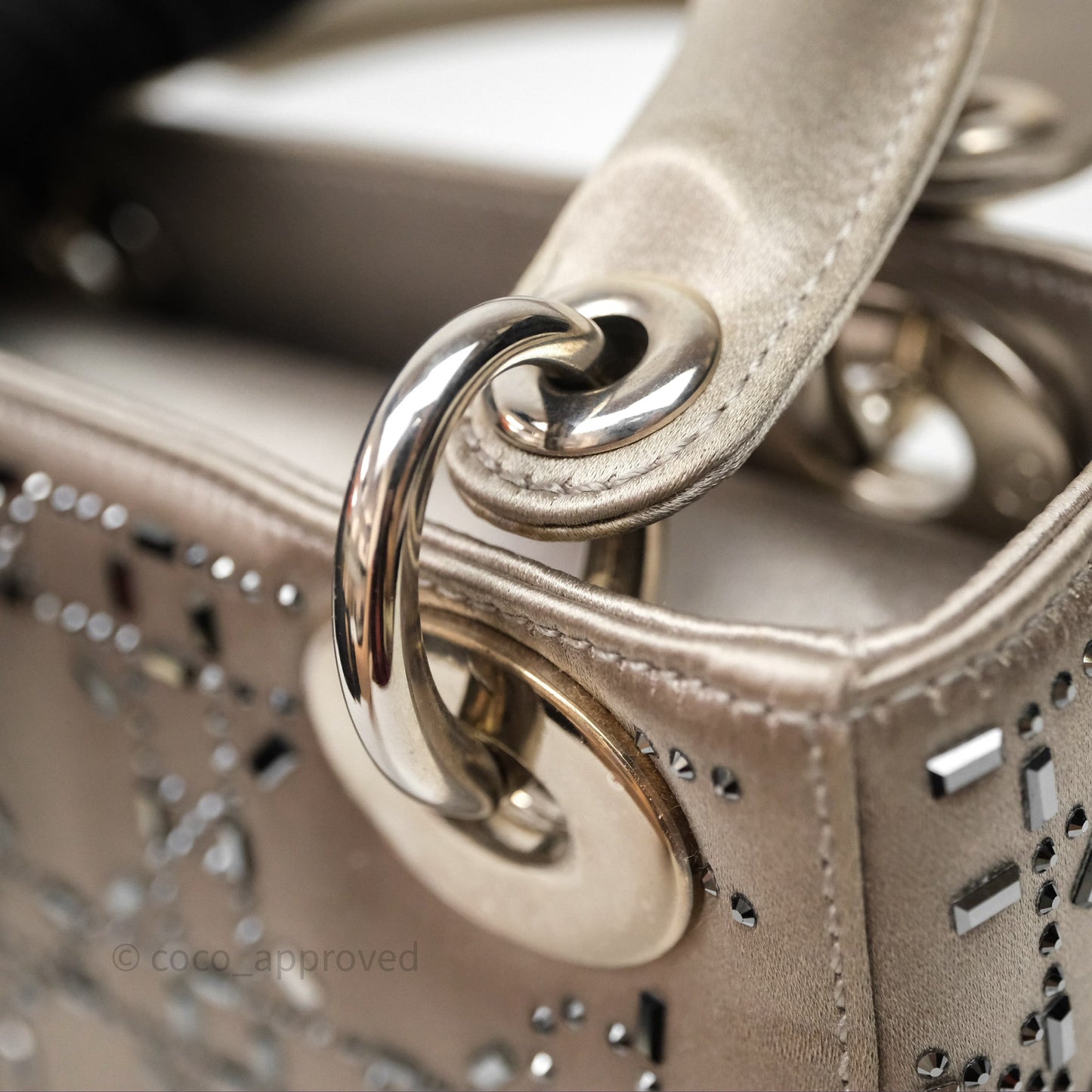 Christian Dior Mini Lady Dior Bag Grey Strass Cannage Satin Silver Hardware