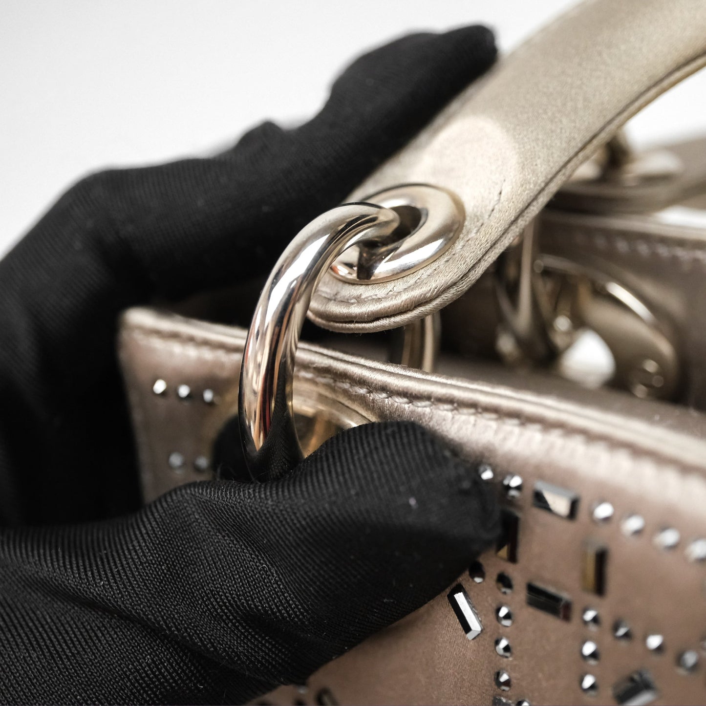 Christian Dior Mini Lady Dior Bag Grey Strass Cannage Satin Silver Hardware