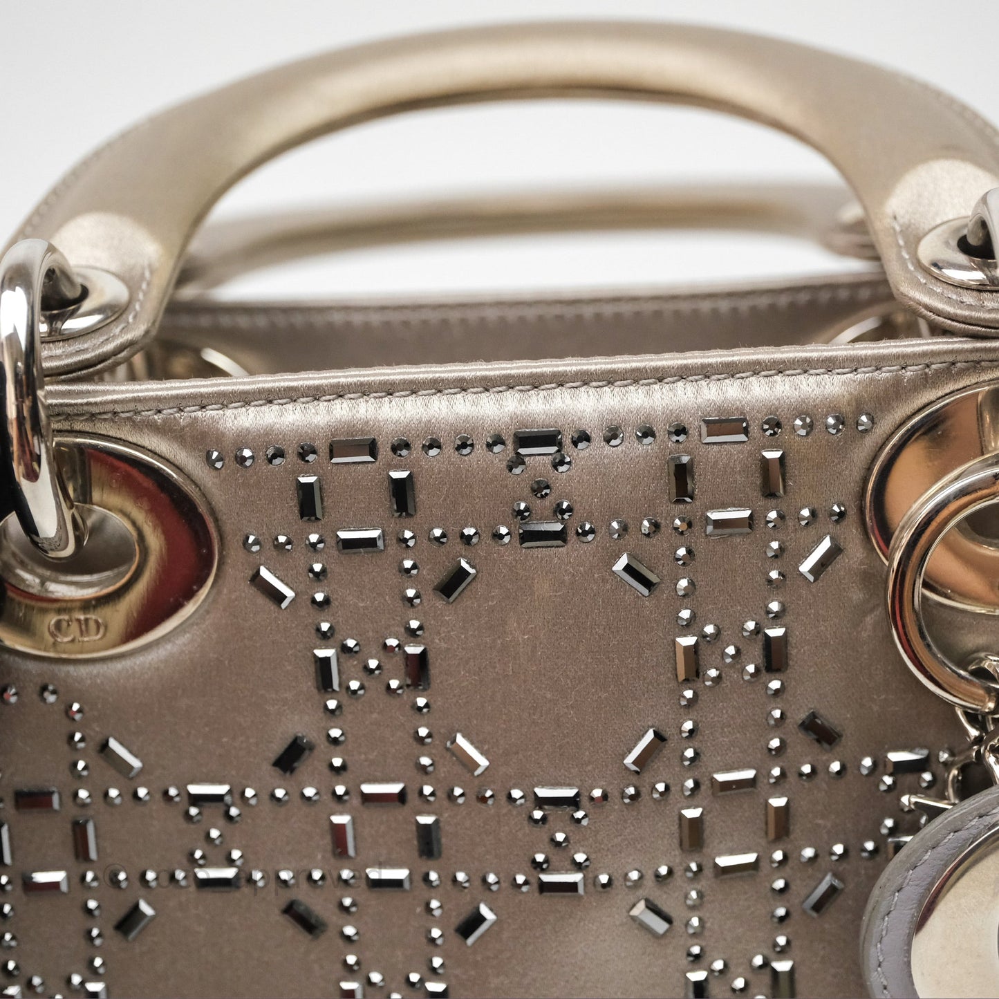 Christian Dior Mini Lady Dior Bag Grey Strass Cannage Satin Silver Hardware
