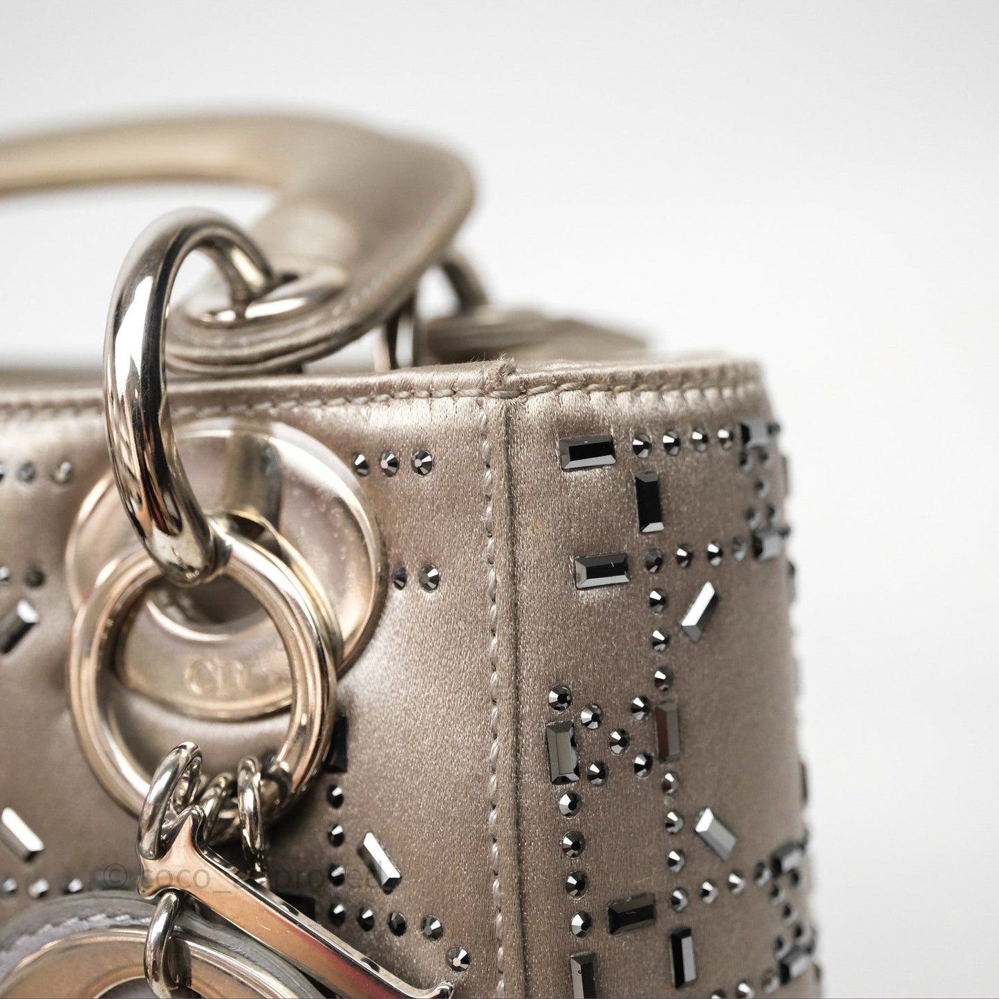 Christian Dior Mini Lady Dior Bag Grey Strass Cannage Satin Silver Hardware