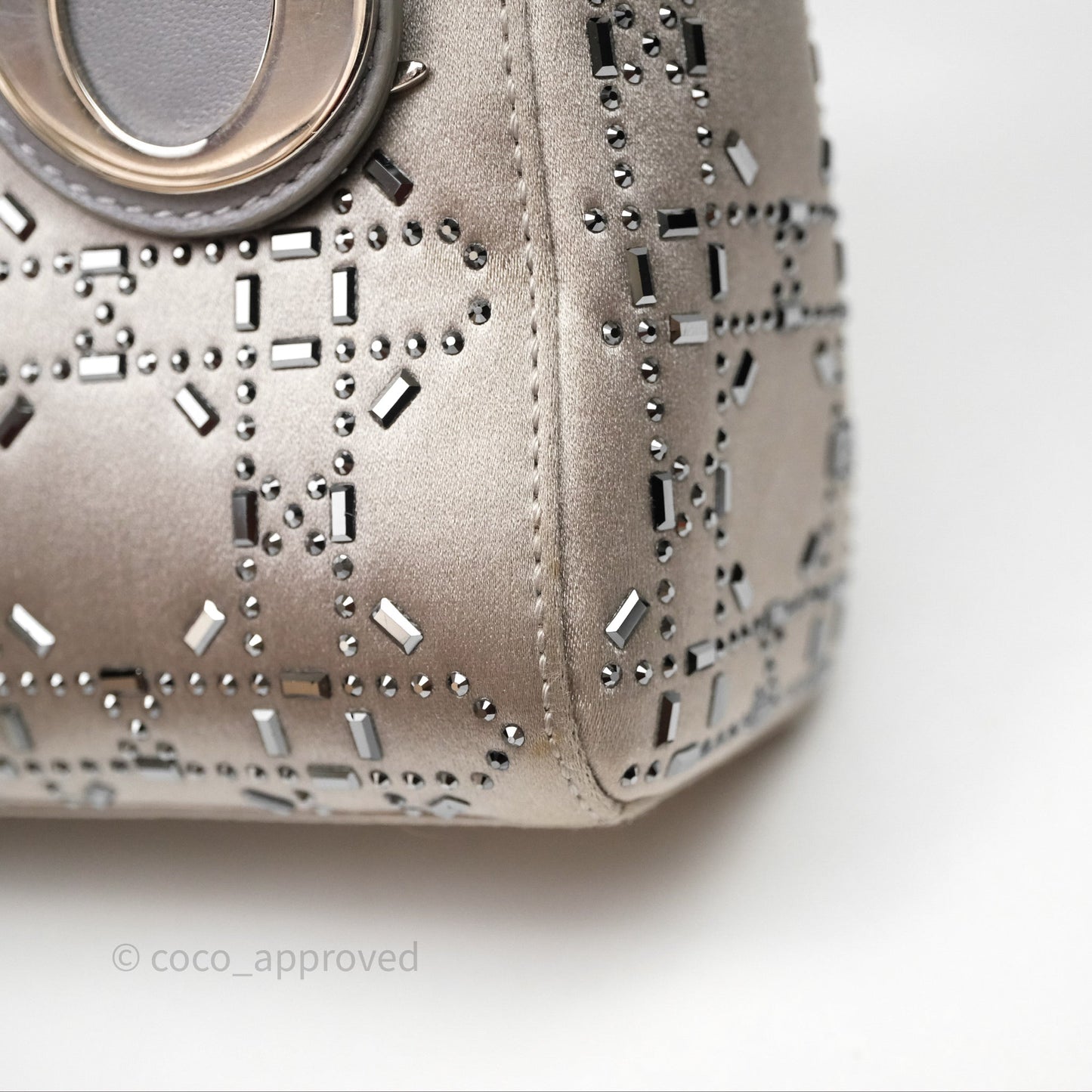 Christian Dior Mini Lady Dior Bag Grey Strass Cannage Satin Silver Hardware