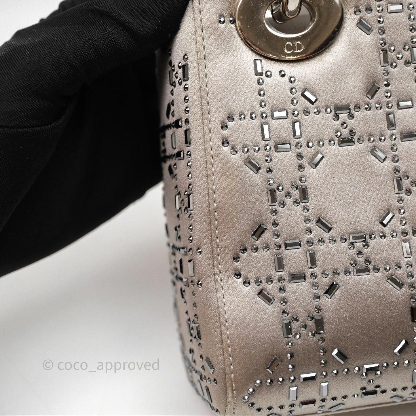 Christian Dior Mini Lady Dior Bag Grey Strass Cannage Satin Silver Hardware