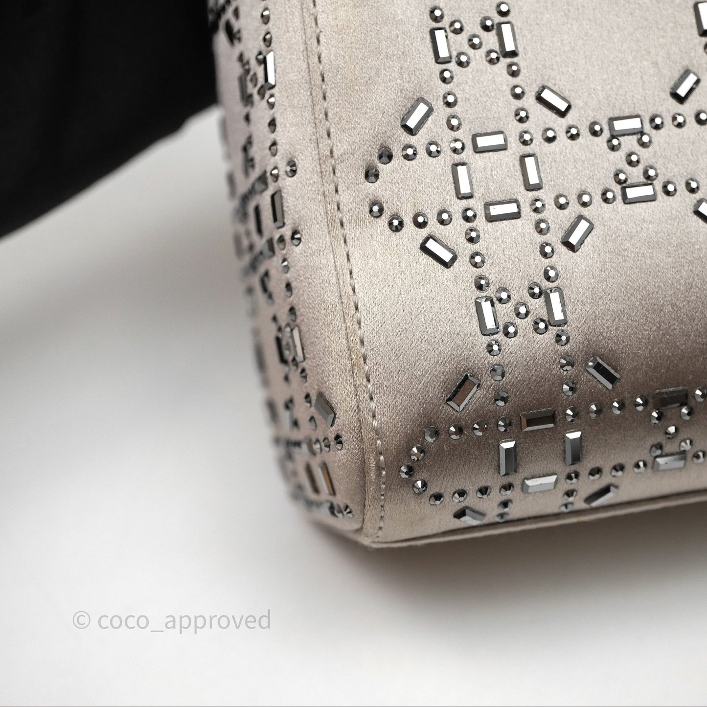 Christian Dior Mini Lady Dior Bag Grey Strass Cannage Satin Silver Hardware
