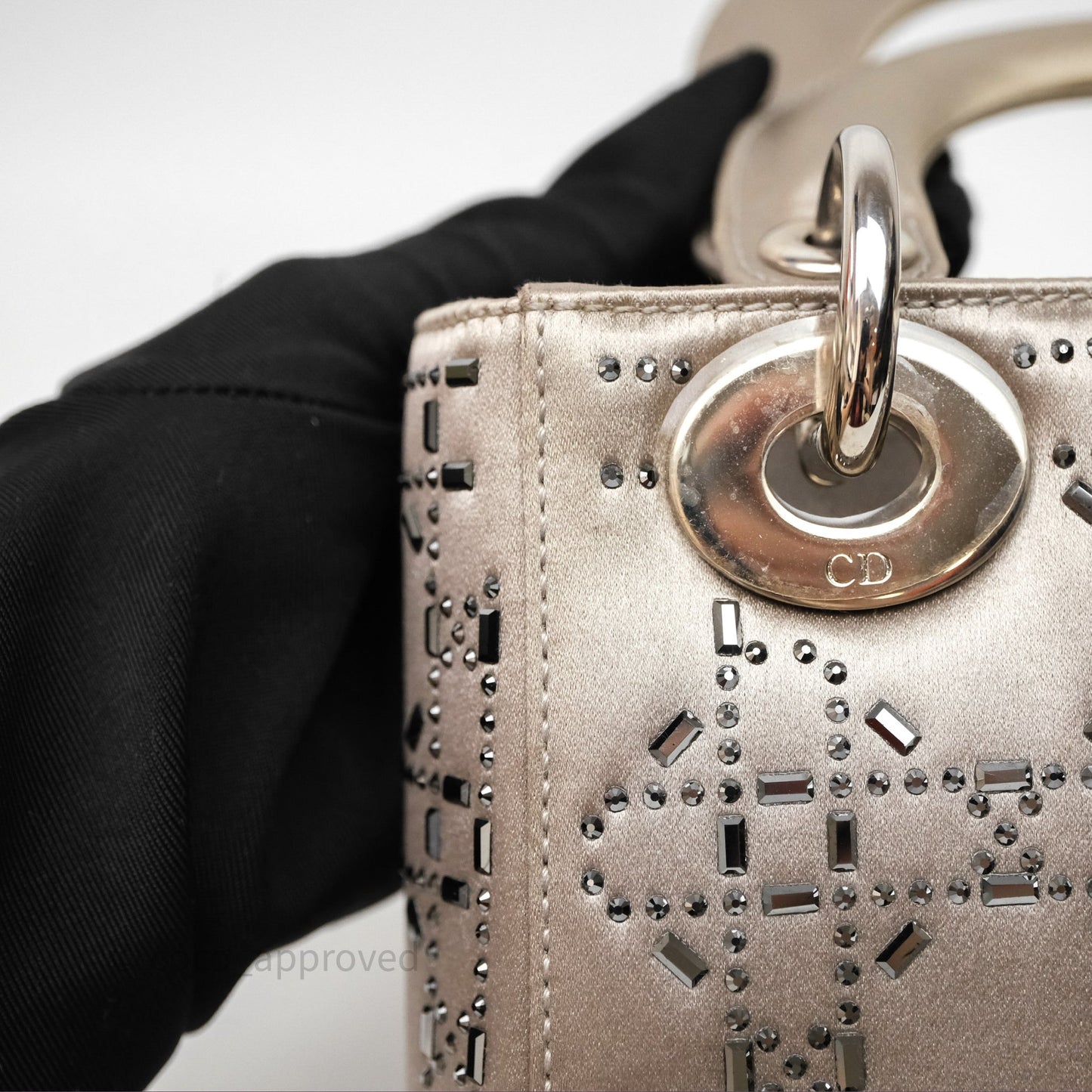 Christian Dior Mini Lady Dior Bag Grey Strass Cannage Satin Silver Hardware