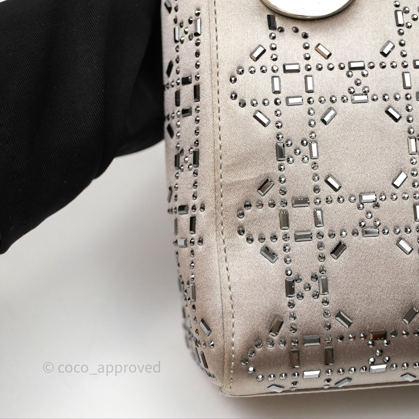 Christian Dior Mini Lady Dior Bag Grey Strass Cannage Satin Silver Hardware