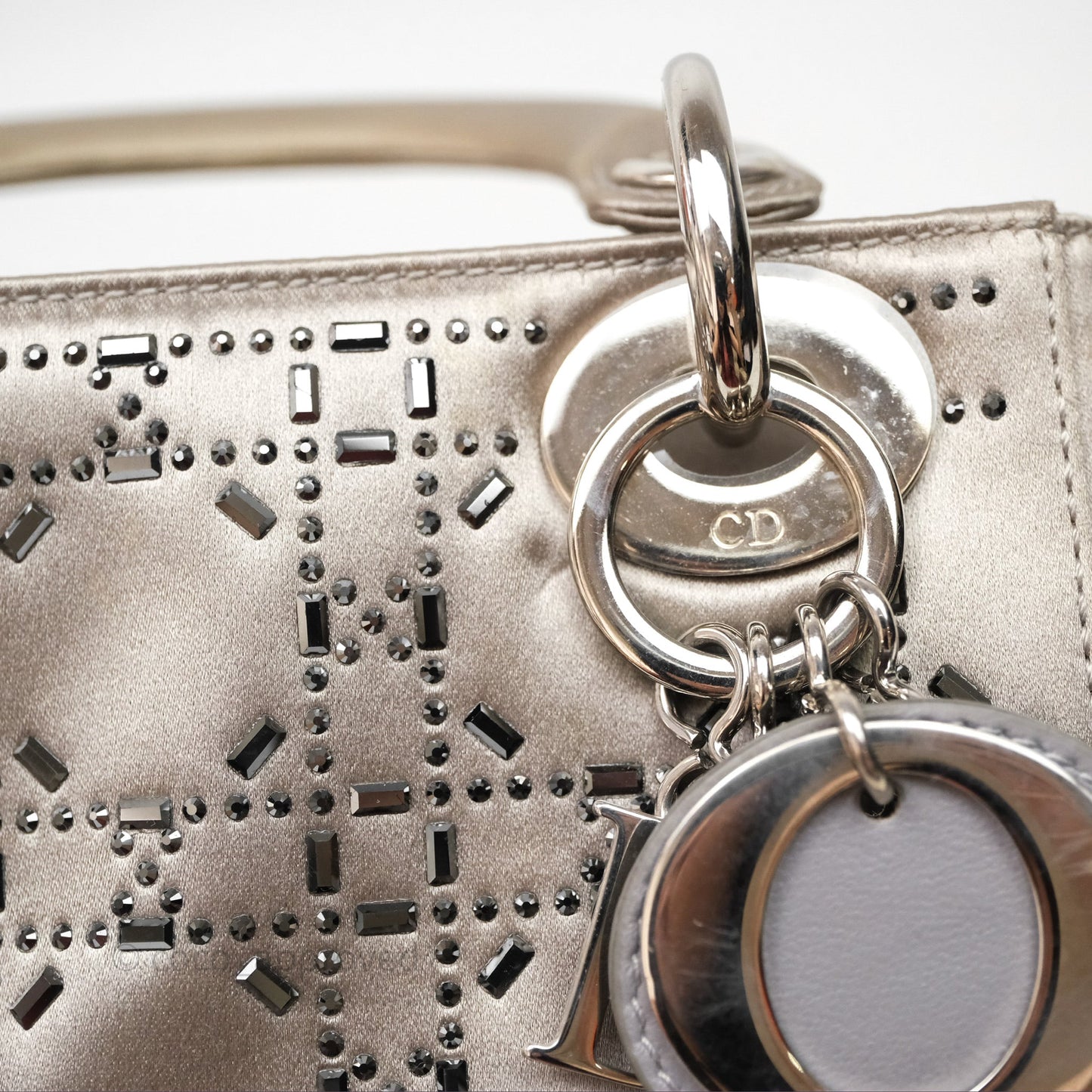 Christian Dior Mini Lady Dior Bag Grey Strass Cannage Satin Silver Hardware