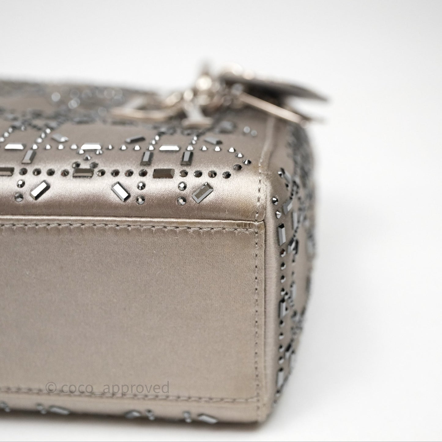 Christian Dior Mini Lady Dior Bag Grey Strass Cannage Satin Silver Hardware