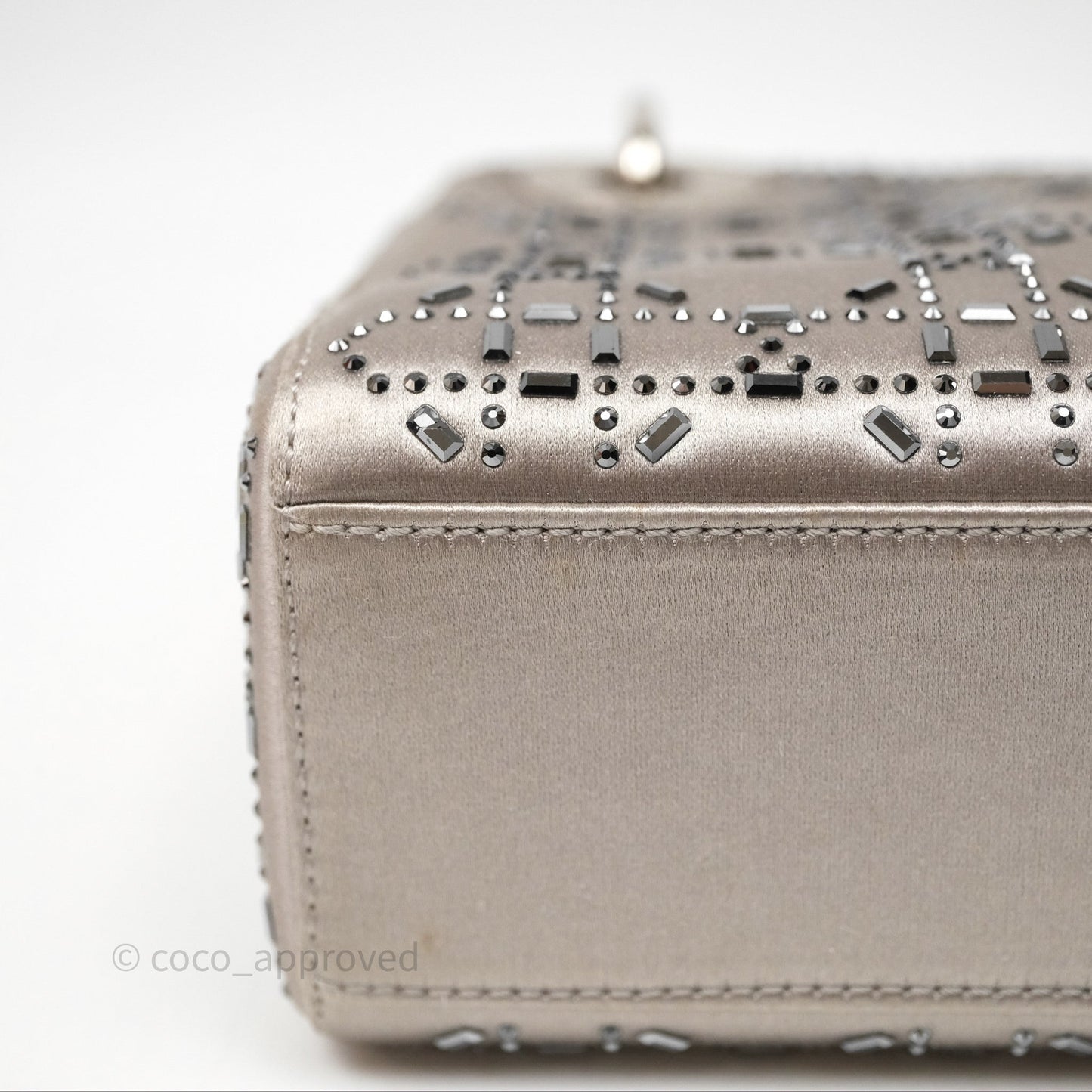 Christian Dior Mini Lady Dior Bag Grey Strass Cannage Satin Silver Hardware