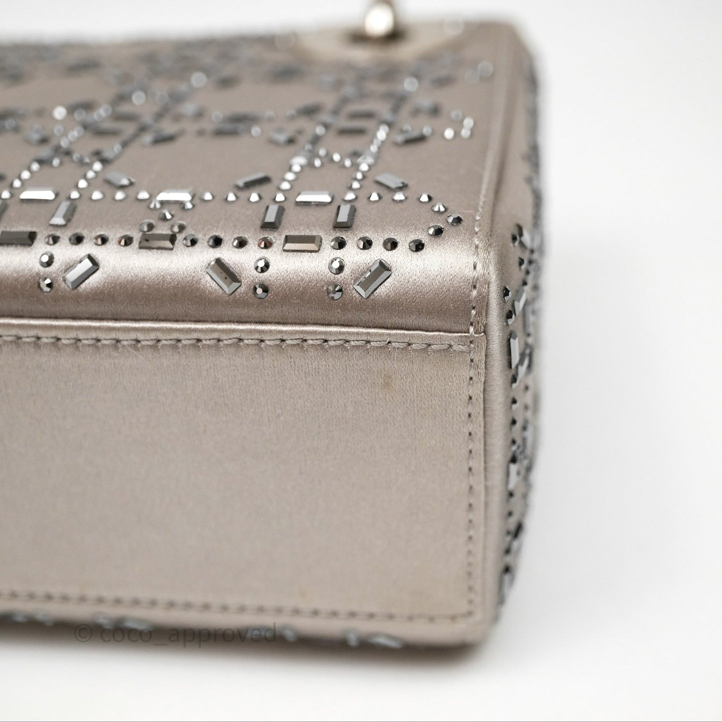 Christian Dior Mini Lady Dior Bag Grey Strass Cannage Satin Silver Hardware