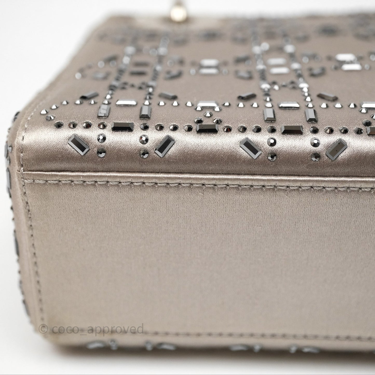 Christian Dior Mini Lady Dior Bag Grey Strass Cannage Satin Silver Hardware