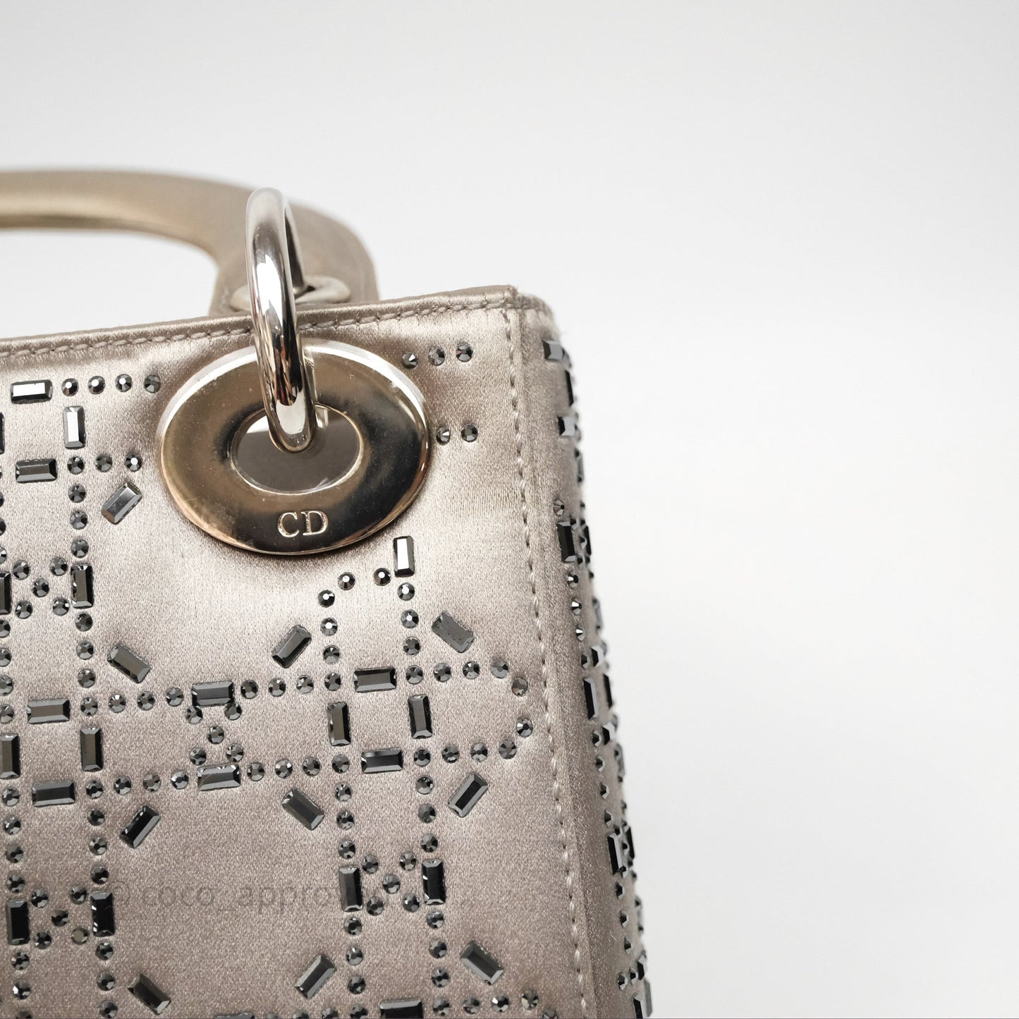 Christian Dior Mini Lady Dior Bag Grey Strass Cannage Satin Silver Hardware