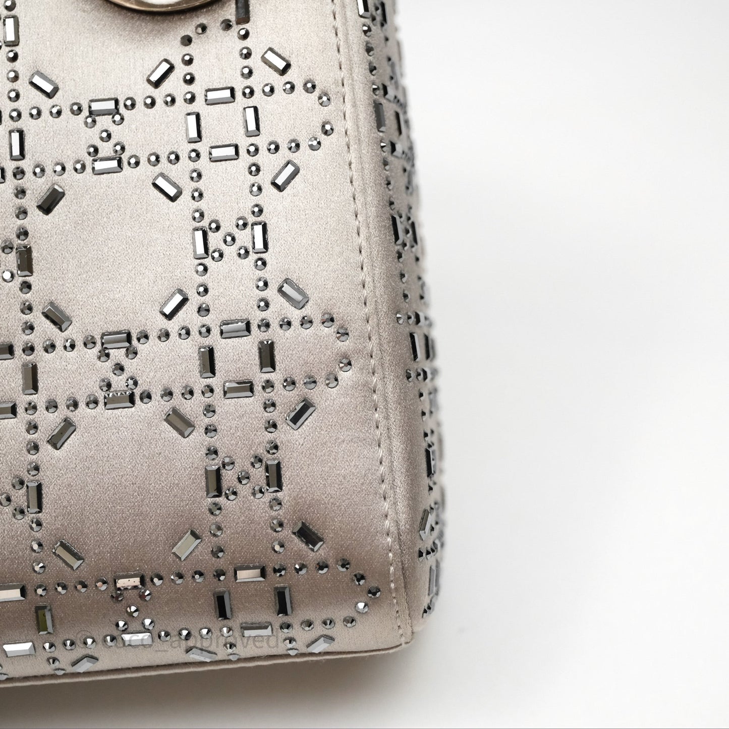 Christian Dior Mini Lady Dior Bag Grey Strass Cannage Satin Silver Hardware