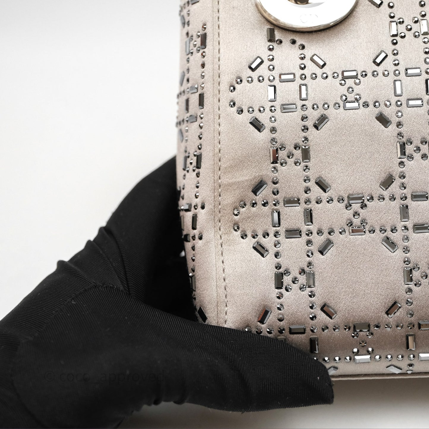 Christian Dior Mini Lady Dior Bag Grey Strass Cannage Satin Silver Hardware