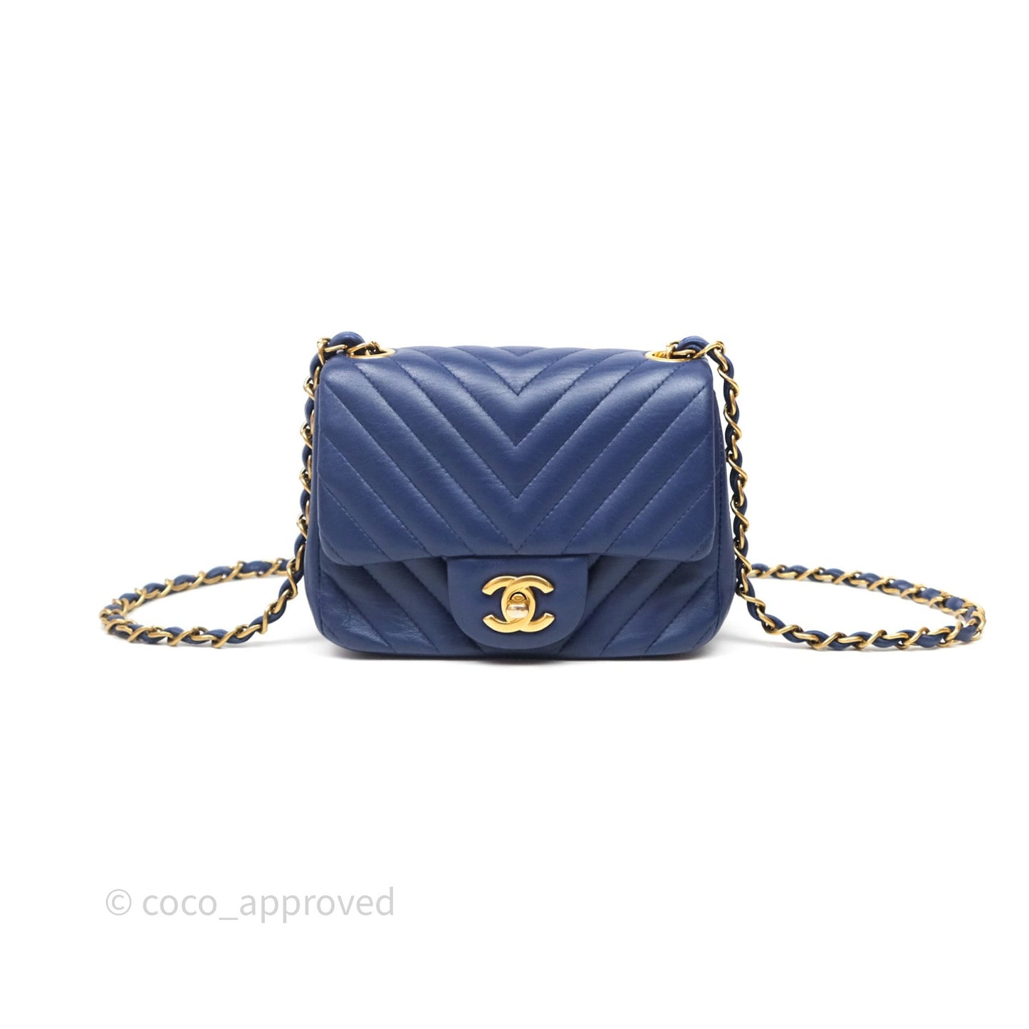 Chanel Mini Square Chevron Navy Lambskin Gold Hardware