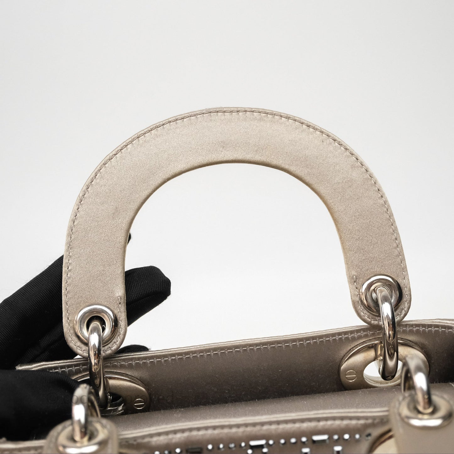 Christian Dior Mini Lady Dior Bag Grey Strass Cannage Satin Silver Hardware