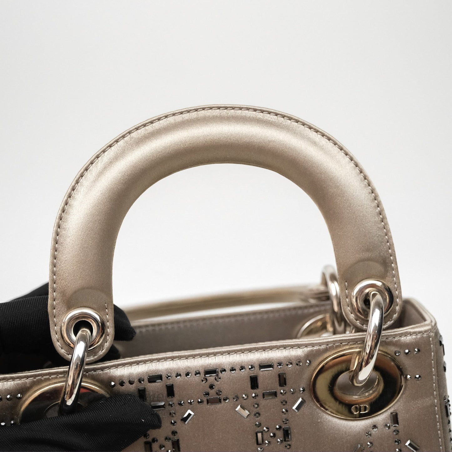 Christian Dior Mini Lady Dior Bag Grey Strass Cannage Satin Silver Hardware