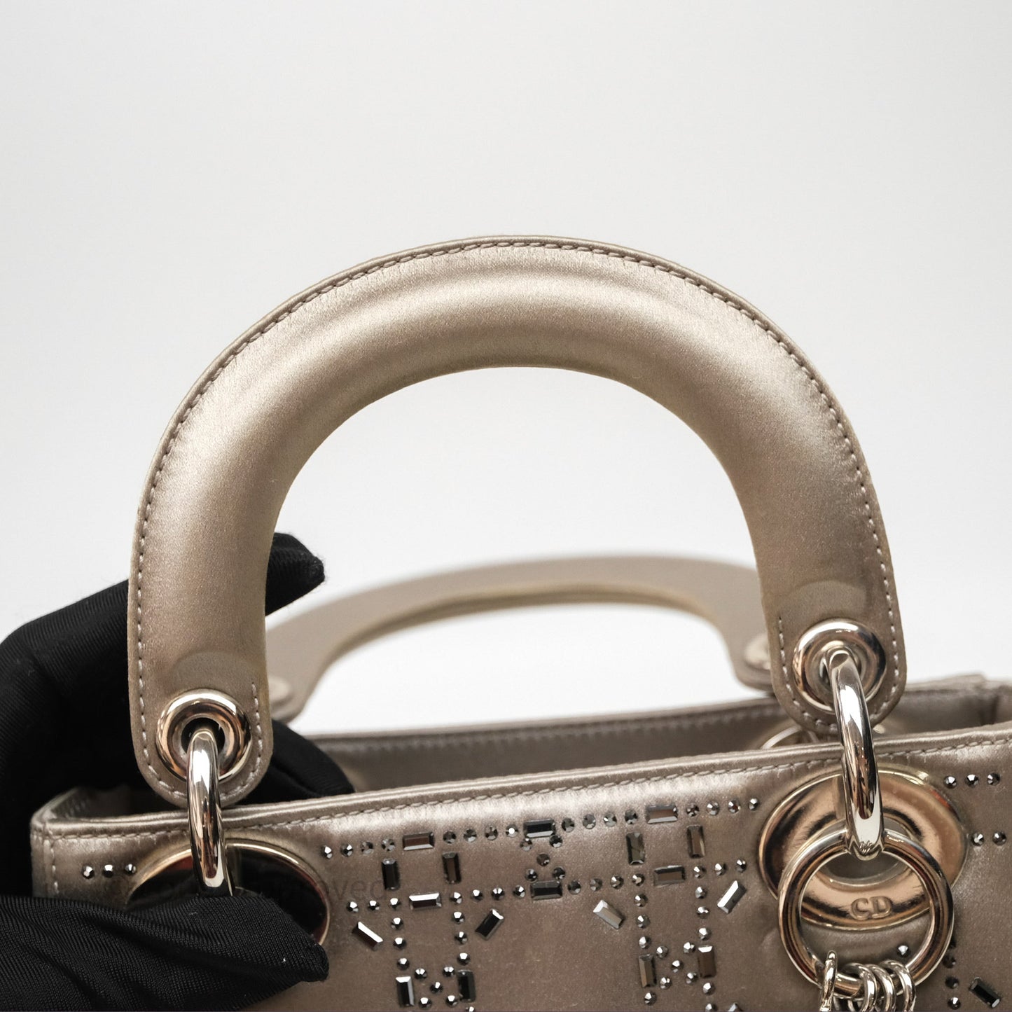 Christian Dior Mini Lady Dior Bag Grey Strass Cannage Satin Silver Hardware
