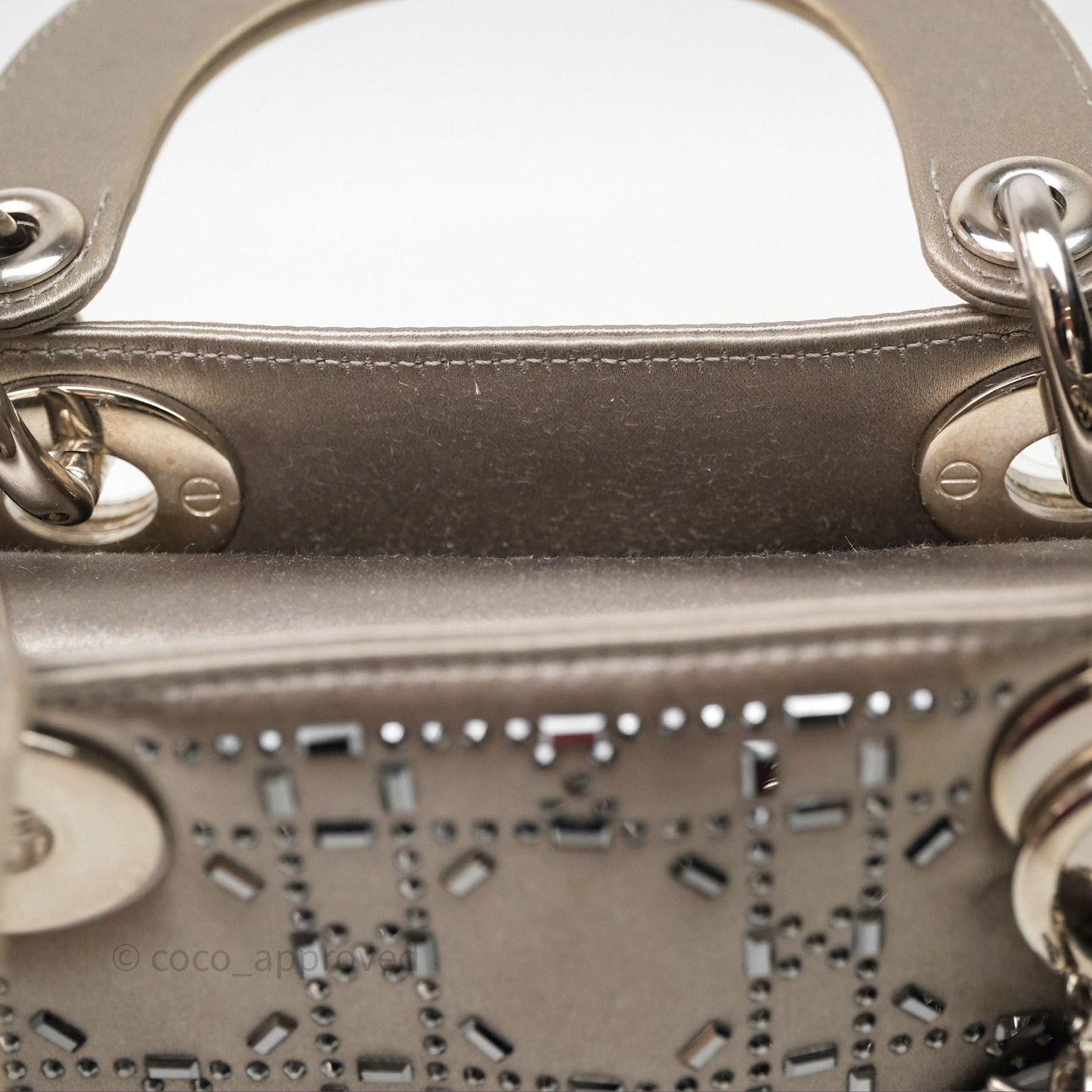Christian Dior Mini Lady Dior Bag Grey Strass Cannage Satin Silver Hardware